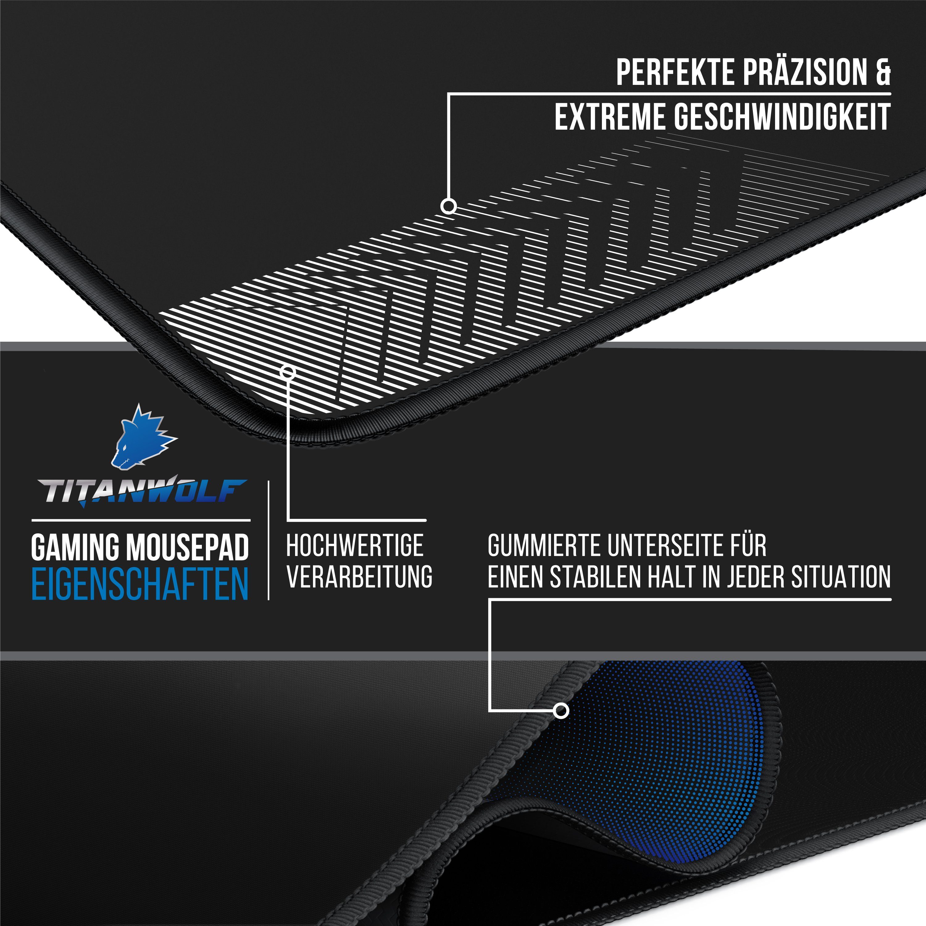 Titanwolf Gaming Mauspad extralarge Mousepad 1600 x 600 x 3 mm, abwaschbar, XXXL Tischunterlage, Gummiunterseite rutschfest, strapazierfähig