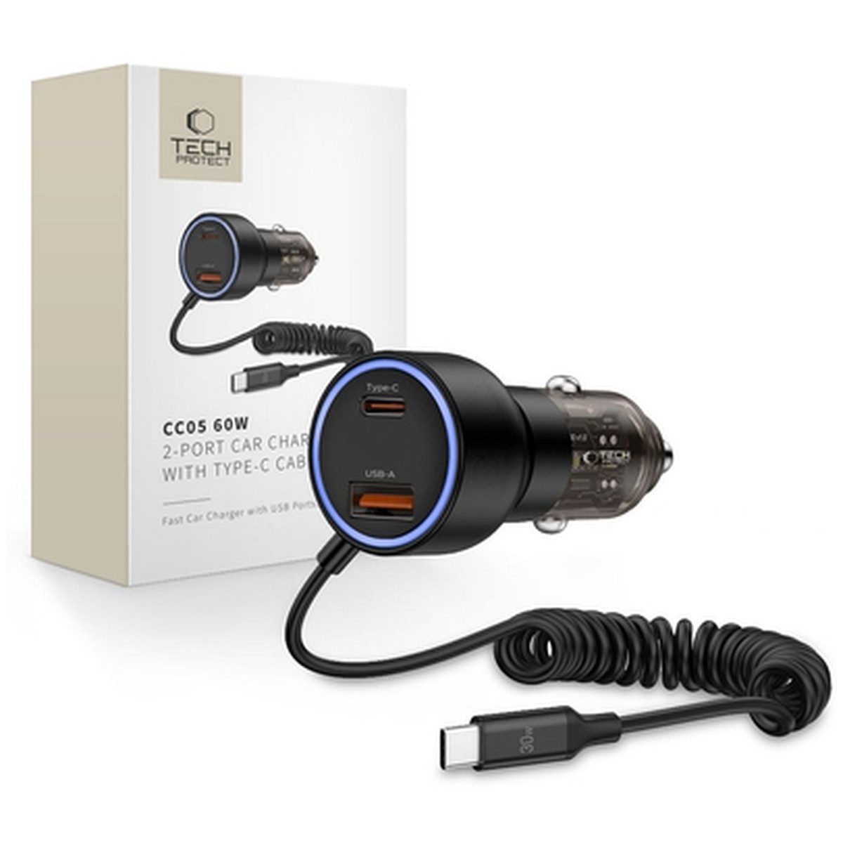 TECH PROTECT CC05 AutoLadegerät 2 Port PD60 W USB-C Kabel Smartphone-Ladegerät
