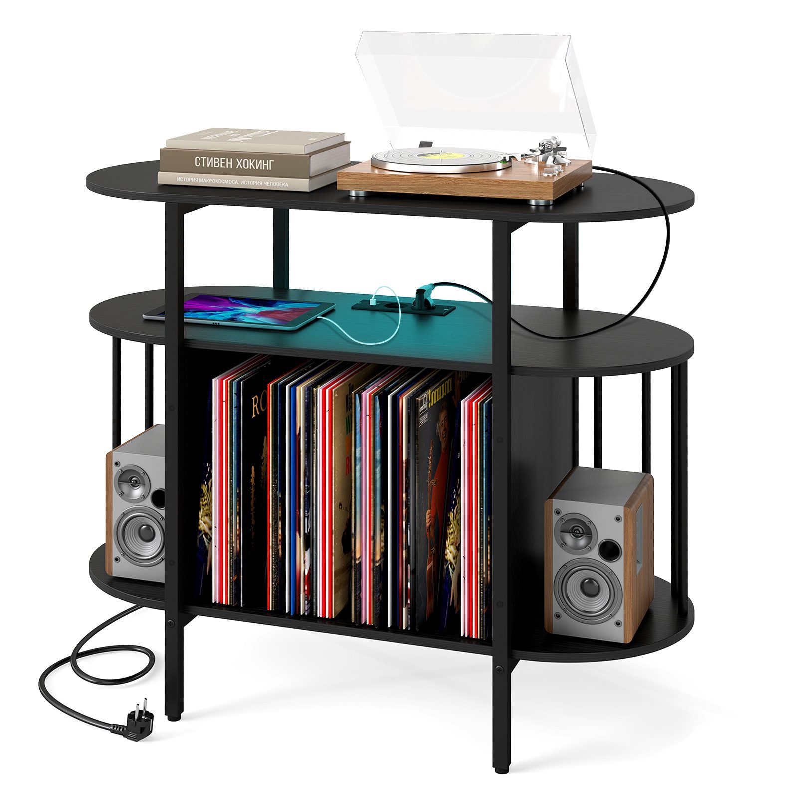COSTWAY Sideboard Plattenspieler-Ständer mit LED, Ladestation, Schallplattenständer