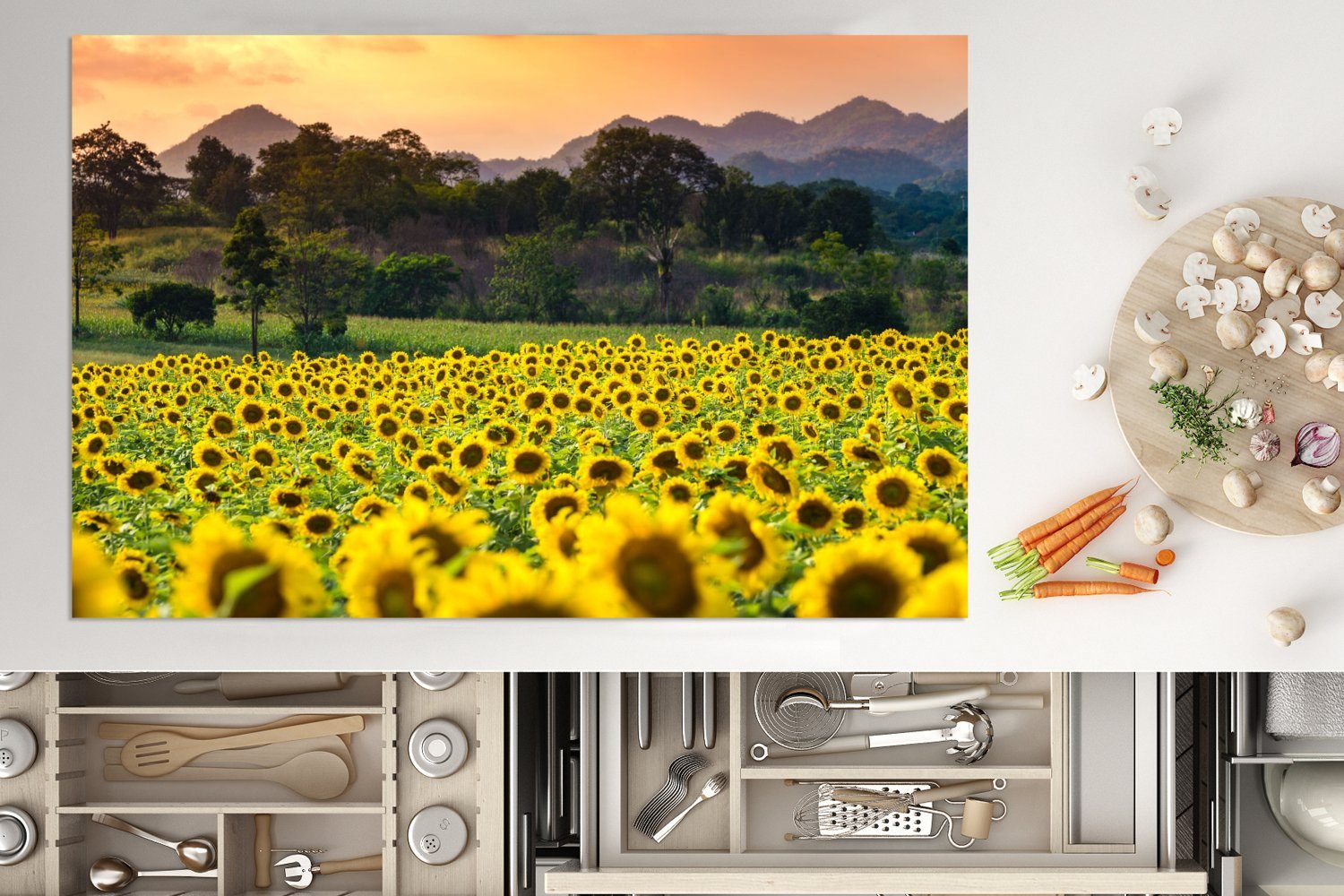 Sonnenblume Natur cm, küche, Herdblende-/Abdeckplatte Induktionskochfeld Berg, Vinyl, (1 80x52 für Ceranfeldabdeckung tlg), MuchoWow Schutz - die -