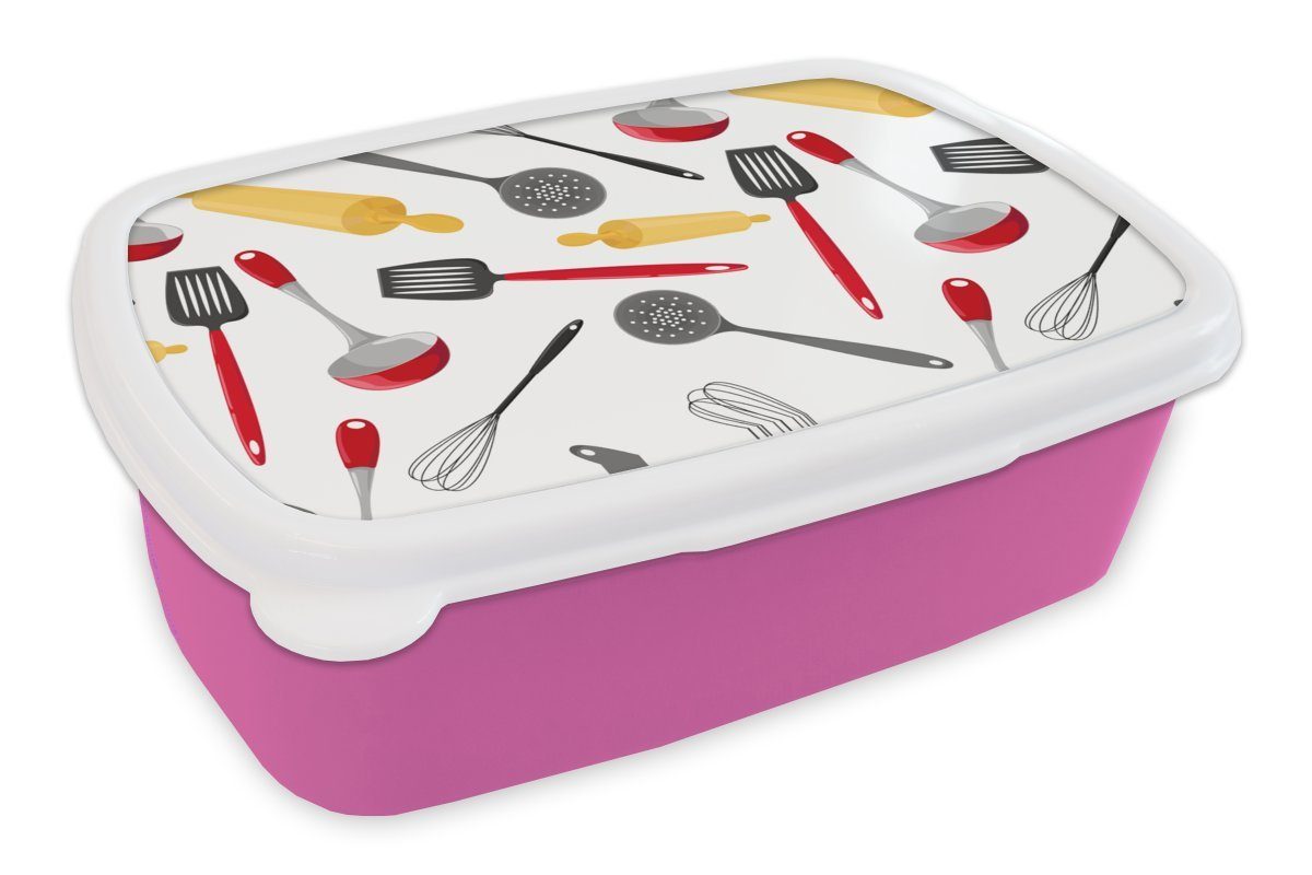 MuchoWow Lunchbox Muster - Küchenutensilien - Spatel - Nudelholz, Kunststoff, (2-tlg), Brotbox für Erwachsene, Brotdose Kinder, Snackbox, Mädchen, Kunststoff rosa