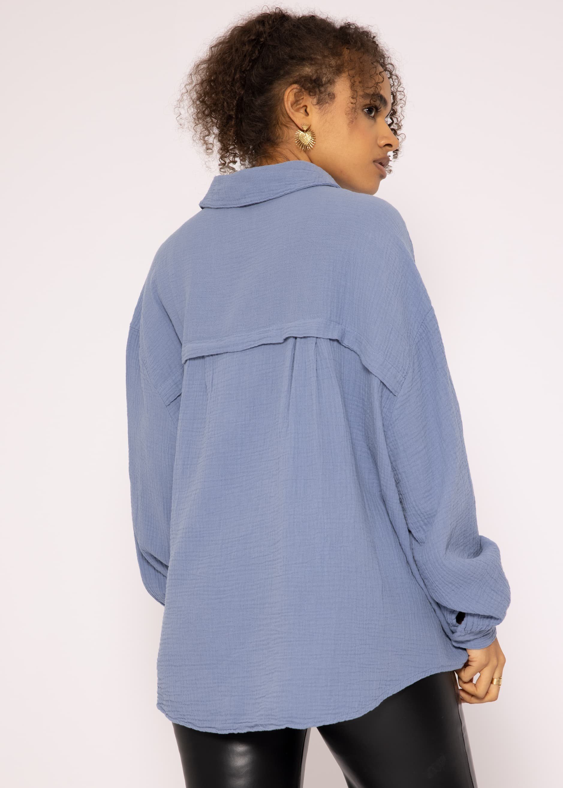 36-48) Hemdbluse Longbluse lang Baumwolle Damen Size Oversize SASSYCLASSY (Gr. mit aus One Blau Musselin V-Ausschnitt, Langarm Bluse