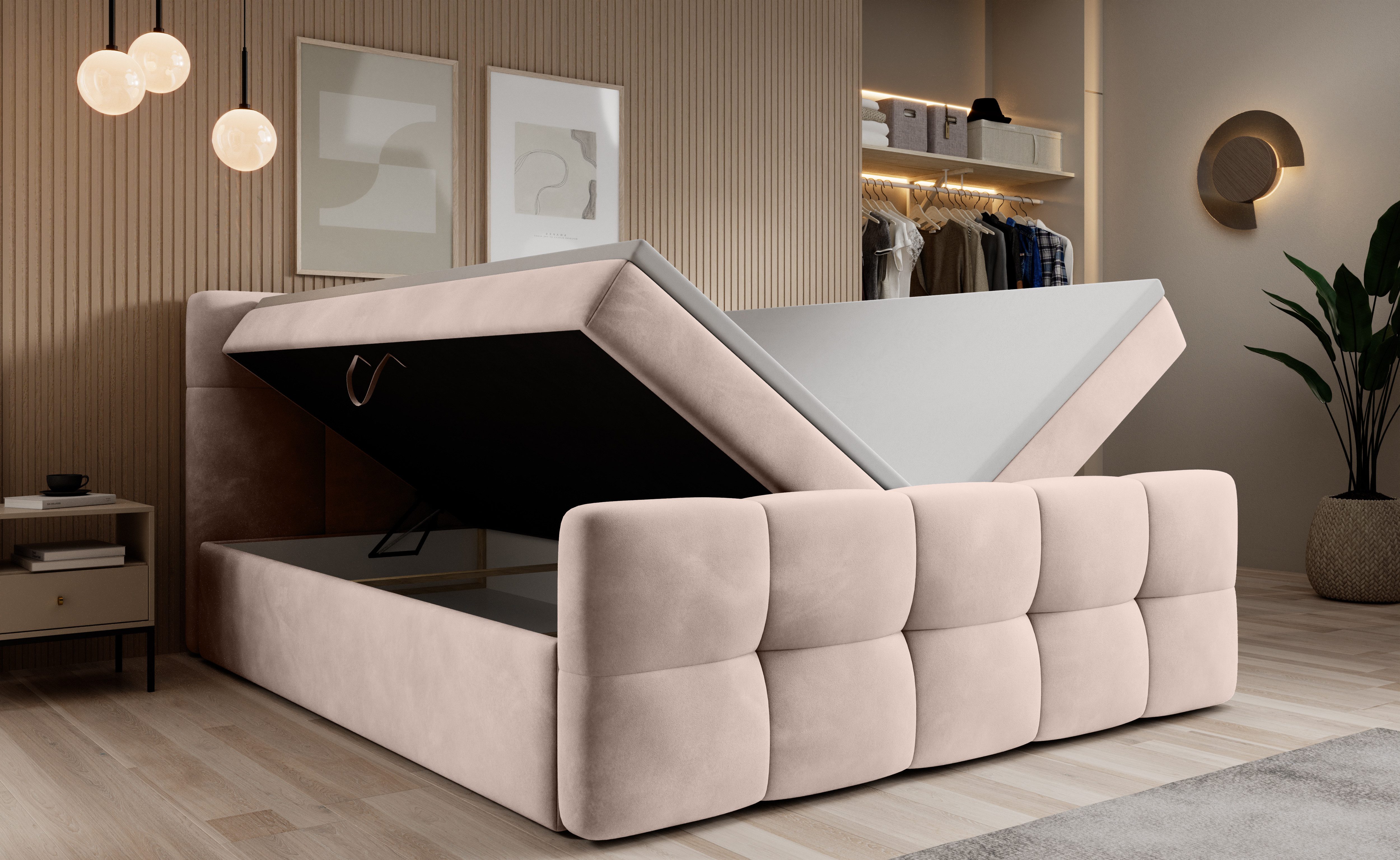 thematys Boxspringbett mit Bettkasten 140x200–200x200 cm – Velours oder Bouclé Bezug – (Polsterbett Bonnellfederkern Matratze H3 + Gratis 3cm Topper, Boxbett - Luxus Doppelbett mit Stauraum)