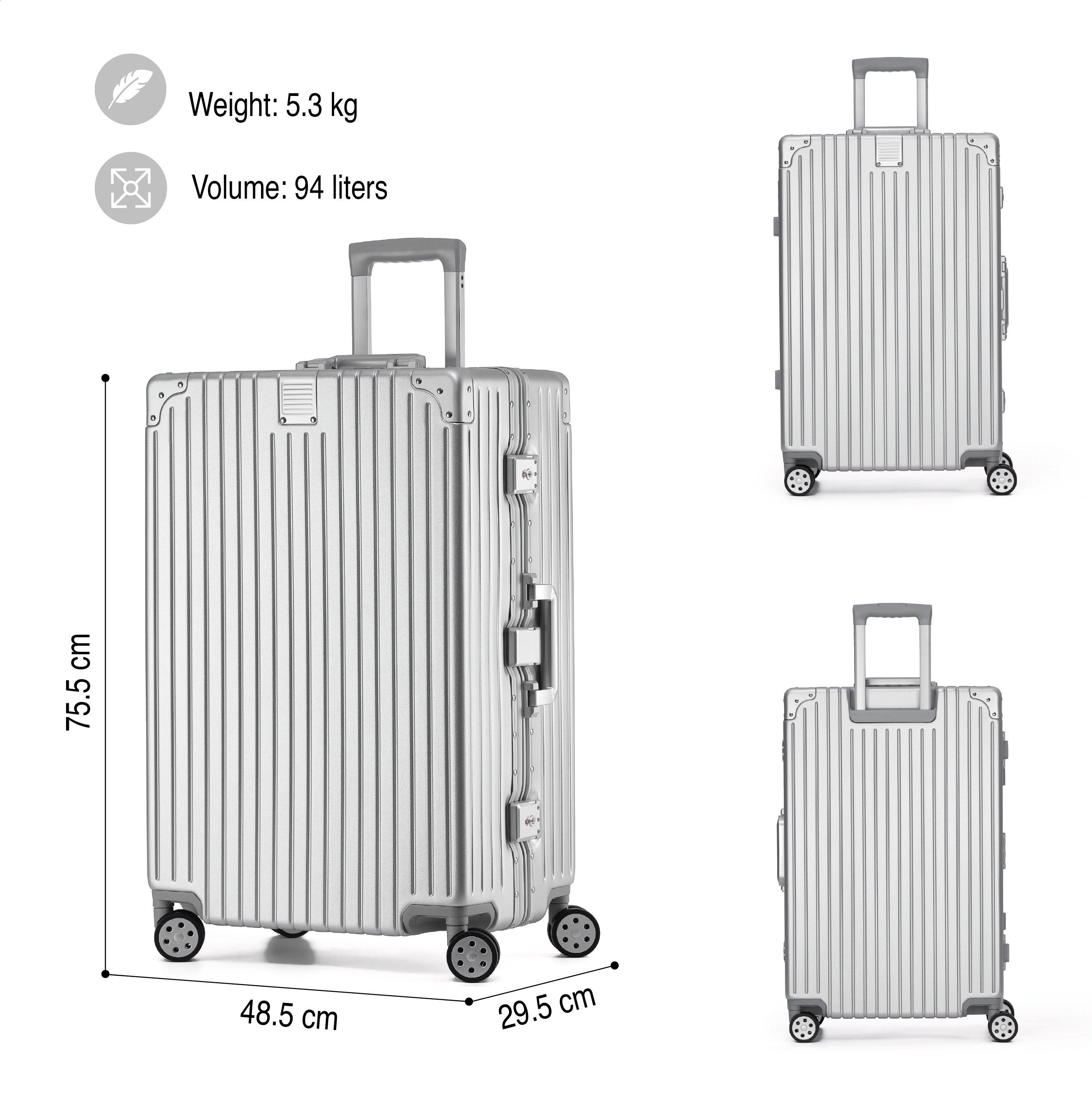 KOFA Koffer ZURICH, 75cm Alu-Rahmen & Polycarbonat-Hartschale, 4 Rollen, TSA Schloss