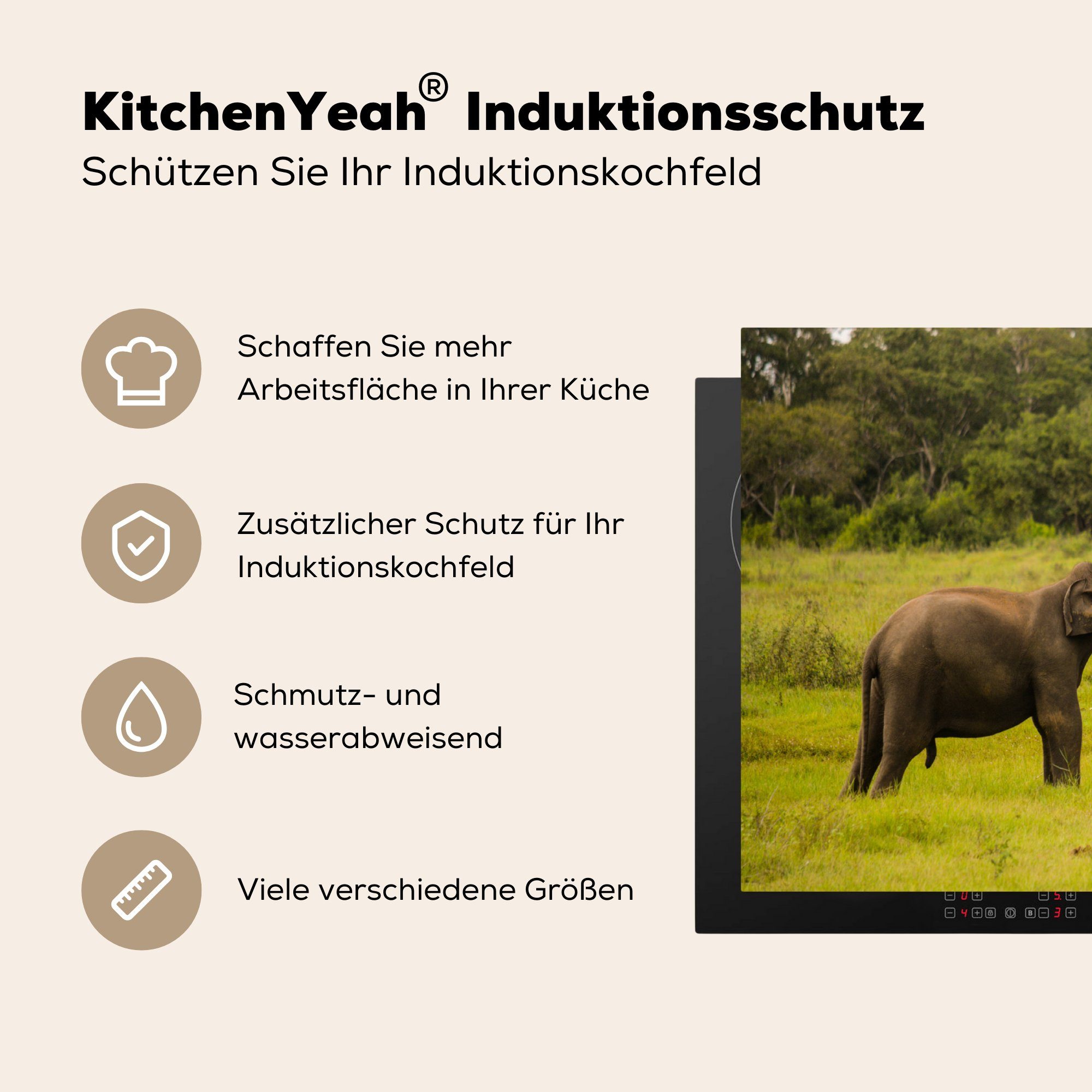 (1 - Ceranfeldabdeckung, Arbeitsplatte Vinyl, tlg), Grün, Tiere - Herdblende-/Abdeckplatte 83x51 Gras - für MuchoWow Elefant cm, küche