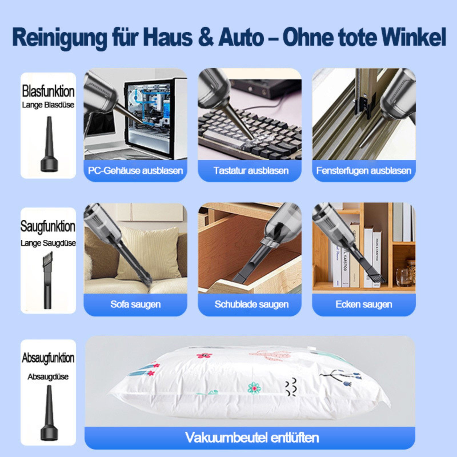 Tekoo Akku-Handstaubsauger 12000Pa Nass & Trocken Sauger für Auto & Heim, 80 W, beutellos, 12.000 Pa Saugkraft, bürstenloser Motor, 2-in-1 Saug- und Blasfunktion