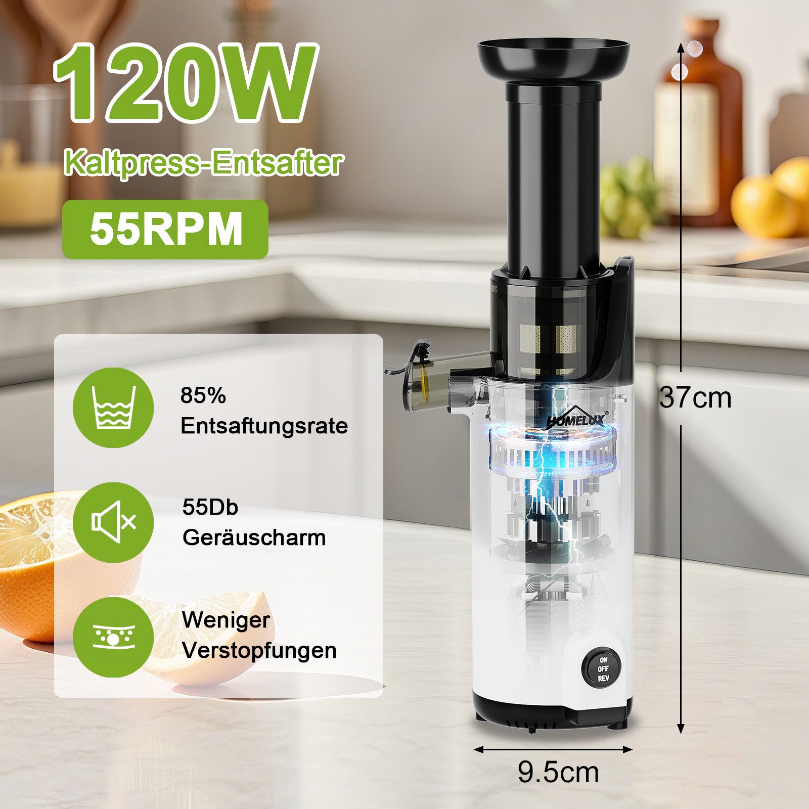 HOMELUX Slow Juicer Kleiner Entsafter Sicherheitsverriegelung, Mini, kompakt, 120 W, Geräuscharm, mit Easy-Clean Konzept, 120 W