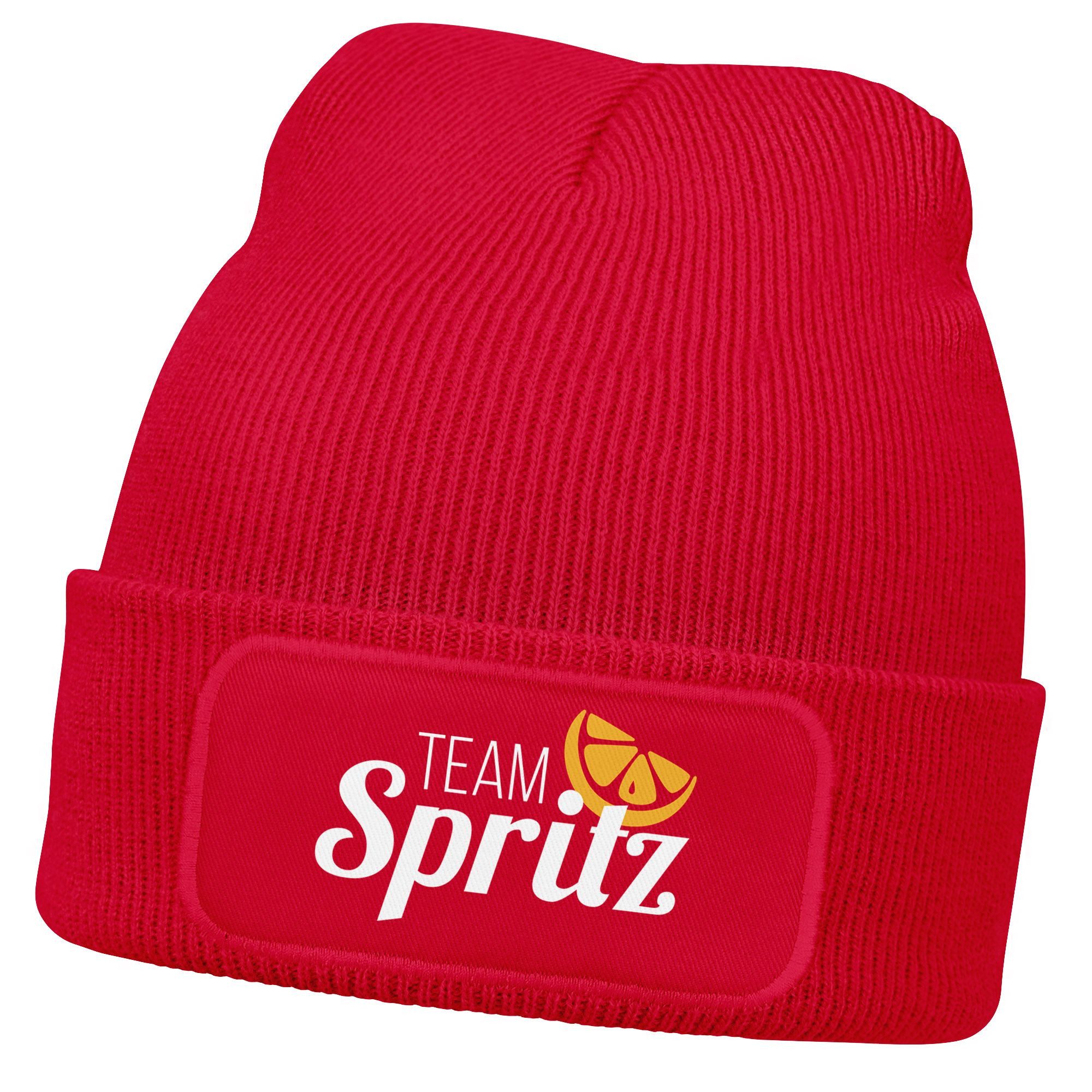 Strickmütze Damen Beanie Patch Strickmütze mit Spruch Aufdruck Team Spritz
