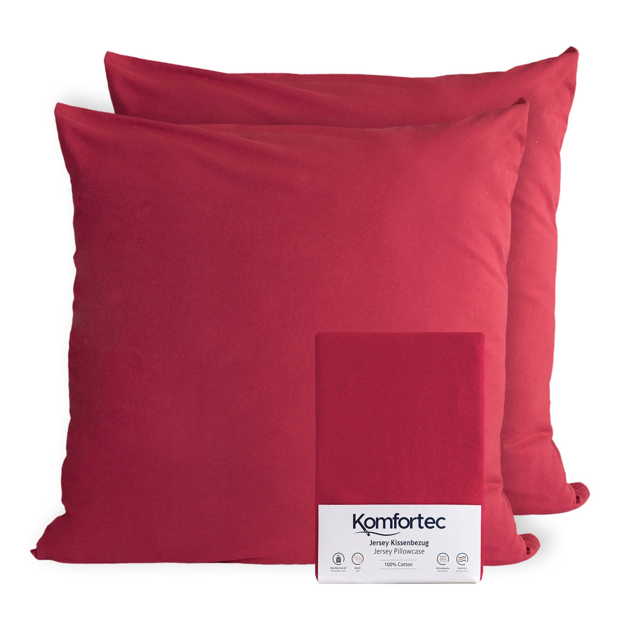 Kissenbezug 100% Baumwolle, 150 g/m², Komfortec (2 Stück), 40 x 40 cm, Kissenhülle, Superweicher Premium Jersey Kopfkissenbezug Aurora Rot
