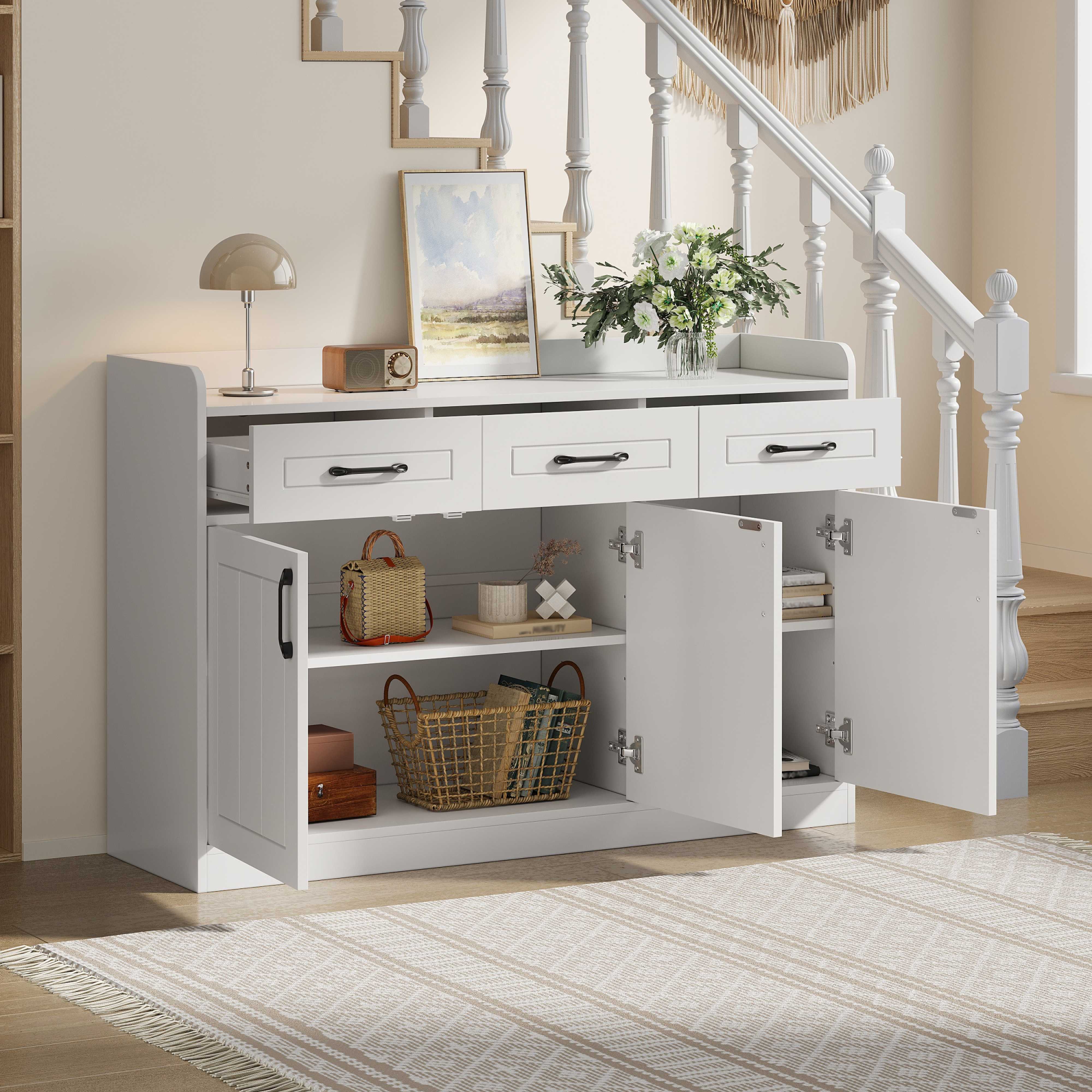 BlingBin Wohnwand Wohnzimmerschrank mit 3 Schubladen & 3 Türen, (1-St., Flurschrank/Anrichte, Beistellschrank 120x35x80 cm Weiß), verstellbare Einlegeböden, Streifenfront, schwarze Griffe