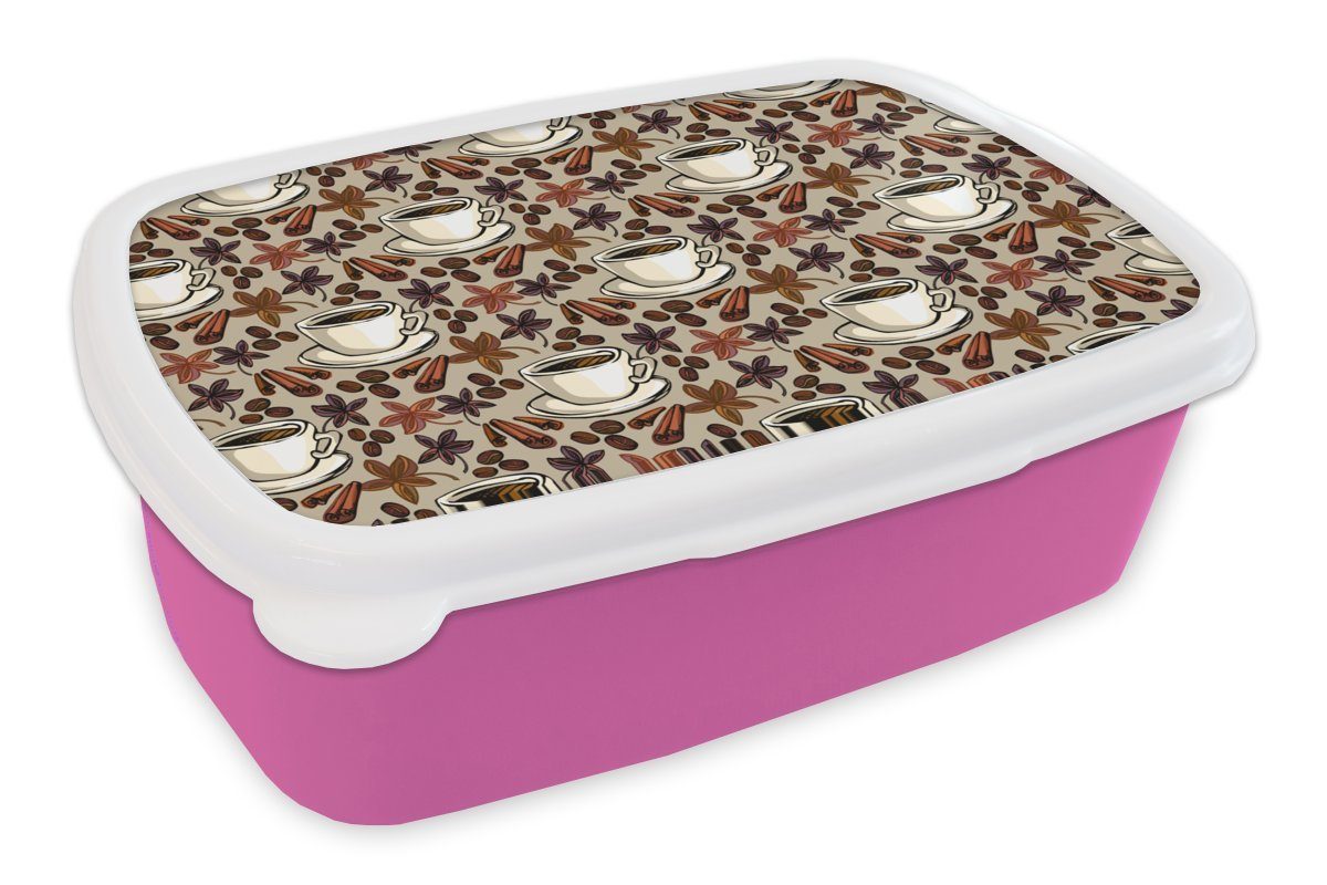 MuchoWow Lunchbox Kaffee - Zimt - Muster, Kunststoff, (2-tlg), Brotbox für Erwachsene, Brotdose Kinder, Snackbox, Mädchen, Kunststoff rosa