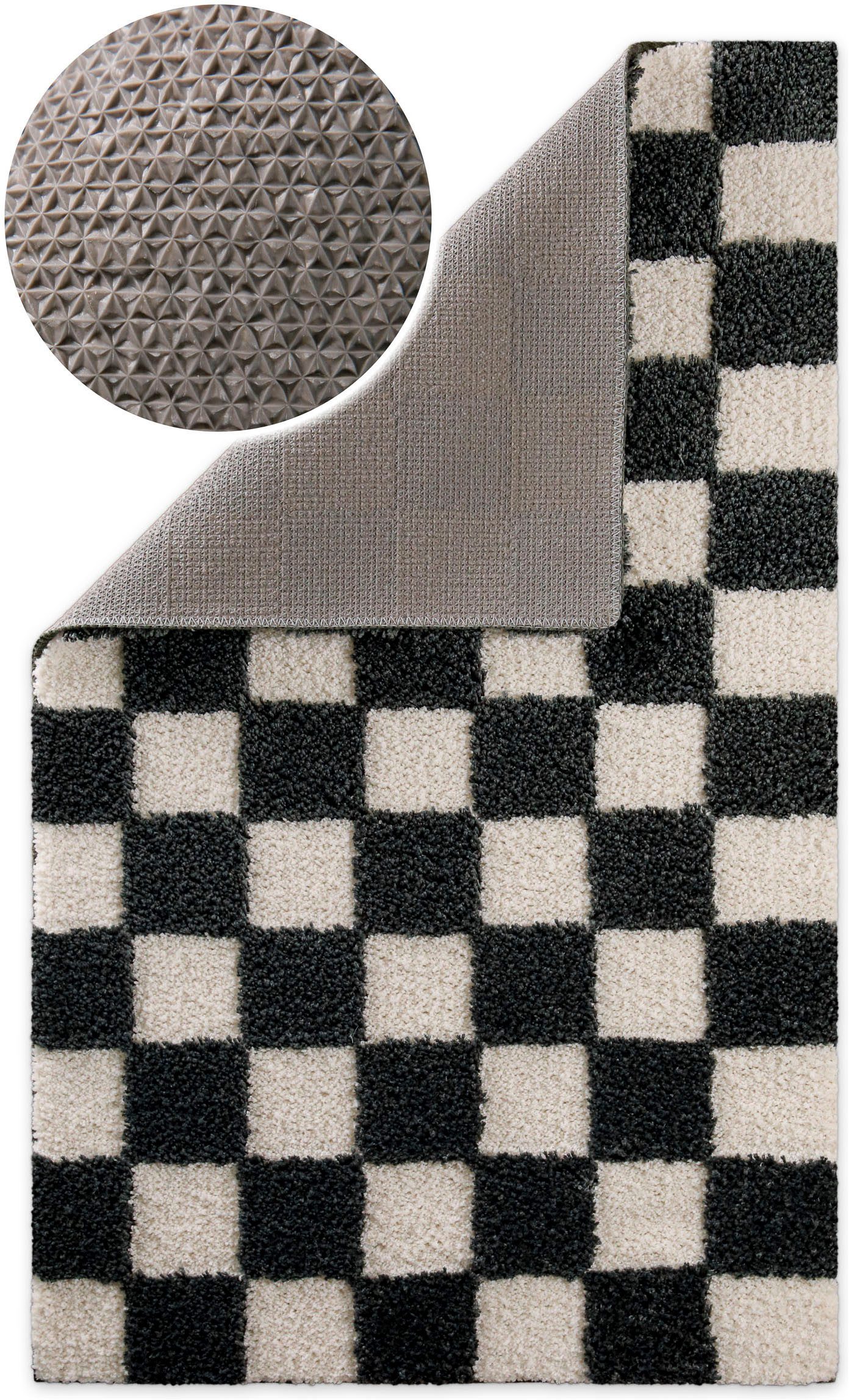 Wecon home Badematte Bobbi, Höhe 25 mm, rutschhemmend beschichtet, schnell trocknend, Polyester, rechteckig, Badteppich, Schachbrett-Design, weich, rutschhemmend, waschbar