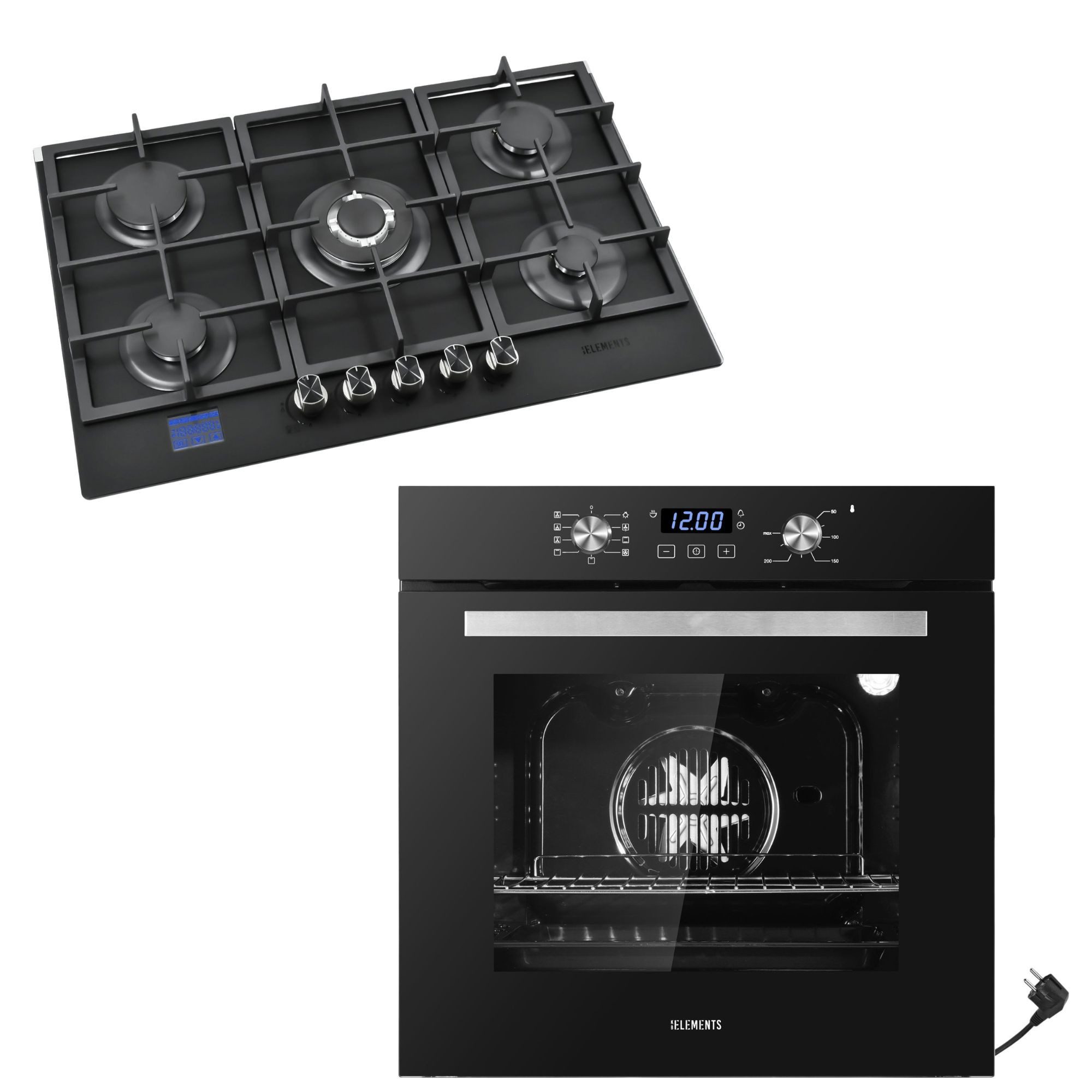 KB Elements Backofen-Set Einbaubackofen 60 cm mit Gaskochfeld 5 Flammig, Aqua Clean, Gaskochfeld mit digitalem Gasstopp-Timer