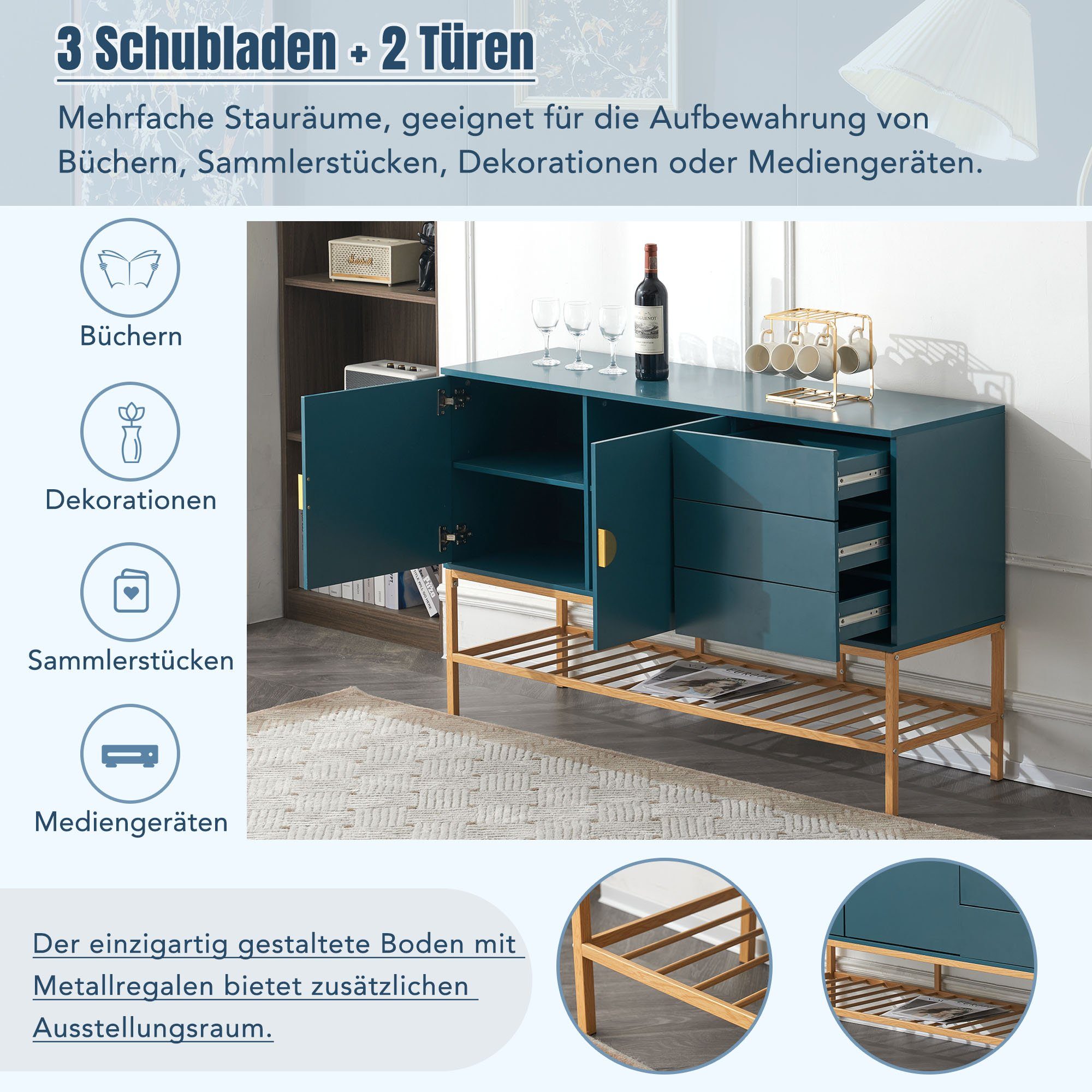 WISHDOR Schrank blauer Sideboard St., m langes Stilvoller (1 1,3 goldene Sideboard), Verzierungen, Kommode