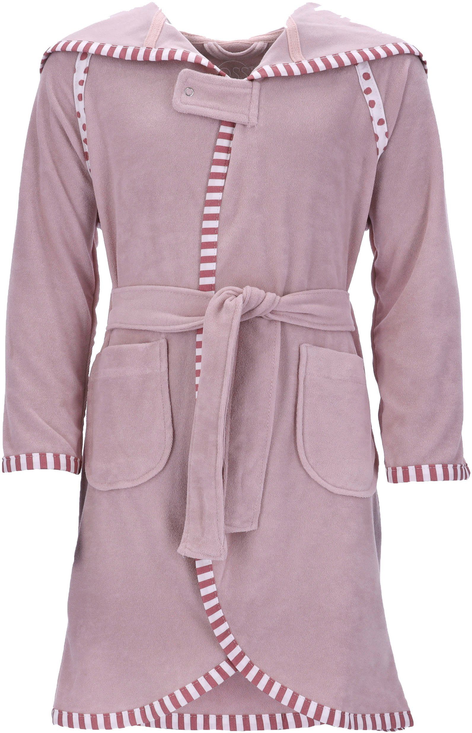 Vossen Kinderbademantel Mimmi, Kurzform, Rundstrickware, Kapuze, Gürtel, für Mädchen & Jungen, mit Kapuze & kontrastfarbigen Einfassung