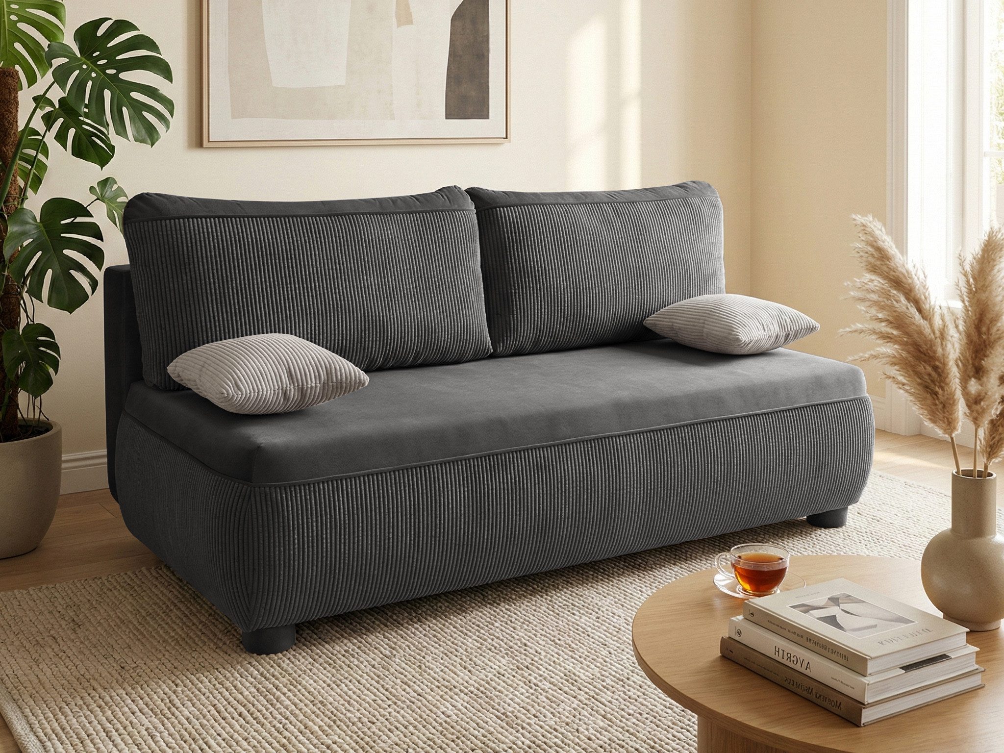 Beautysofa Schlafsofa Aida mit Schlaffunktion & Bettkasten, Couch modern beige oder dunkelgrau mit Kissen, Sofa aus Cord, ausziehbare Liegefläche