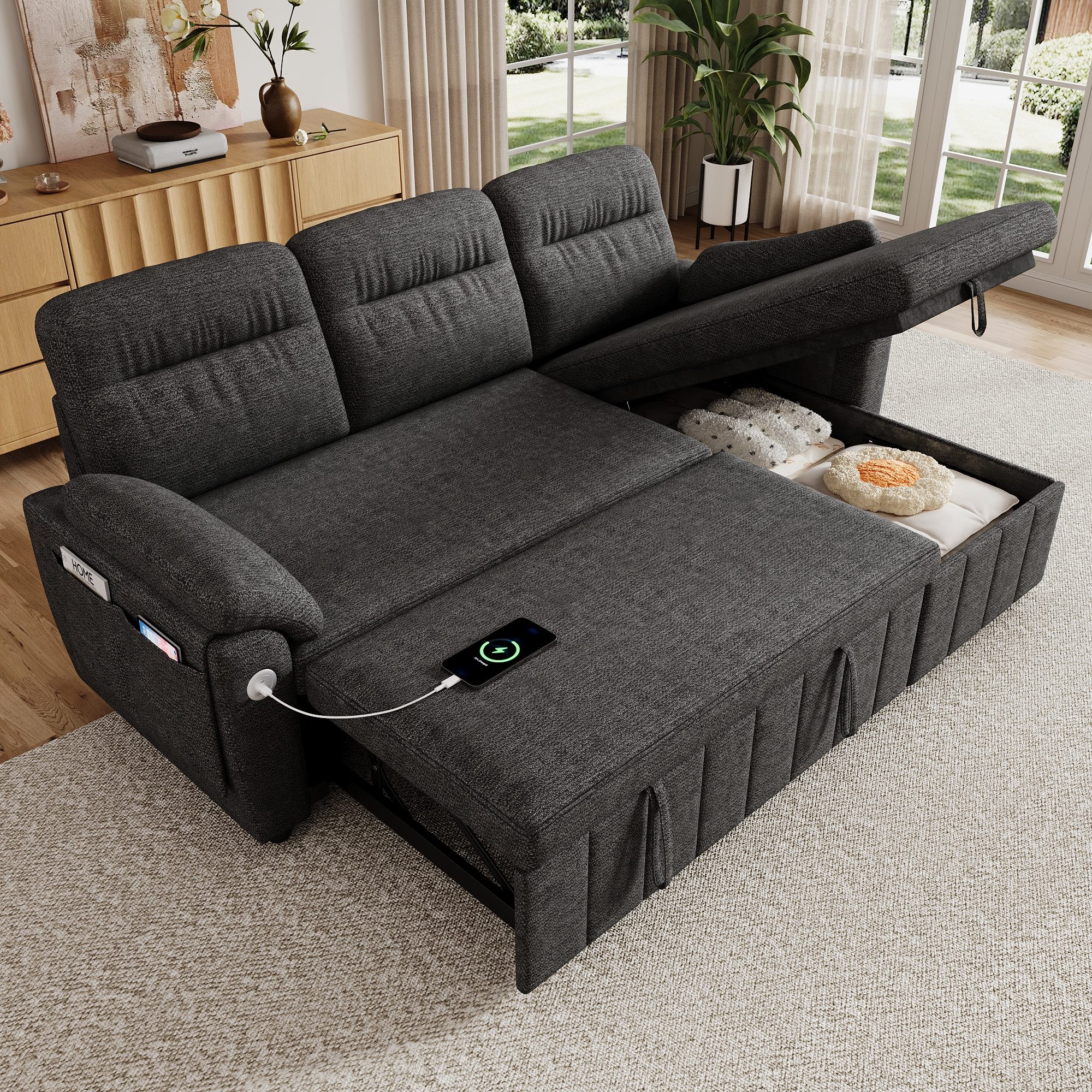 Ecksofa mit Schlaffunktion,L‑förmiges Sofa mit links/rechts Chaiselongue