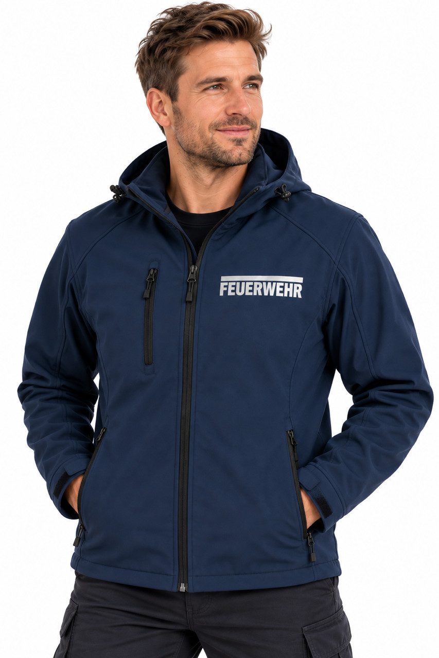 coole-fun-t-shirts Softshelljacke Feuerwehr Softshell-Jacke Damen & Herren Dunkelblau mit Kapuze Softshell Jacke Freiwillige Feuerwehr Jacke mit Kapuze Dunkelblau
