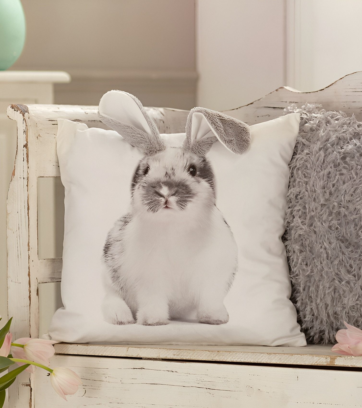 Dekoleidenschaft Kissenhülle "Hase" verschiedene Modelle, 45x45 cm, Zierkissenbezug, Kissenbezug, Osterdekoration, Zierkissenhülle mit Ostermotiv, Kuschelkissenhülle