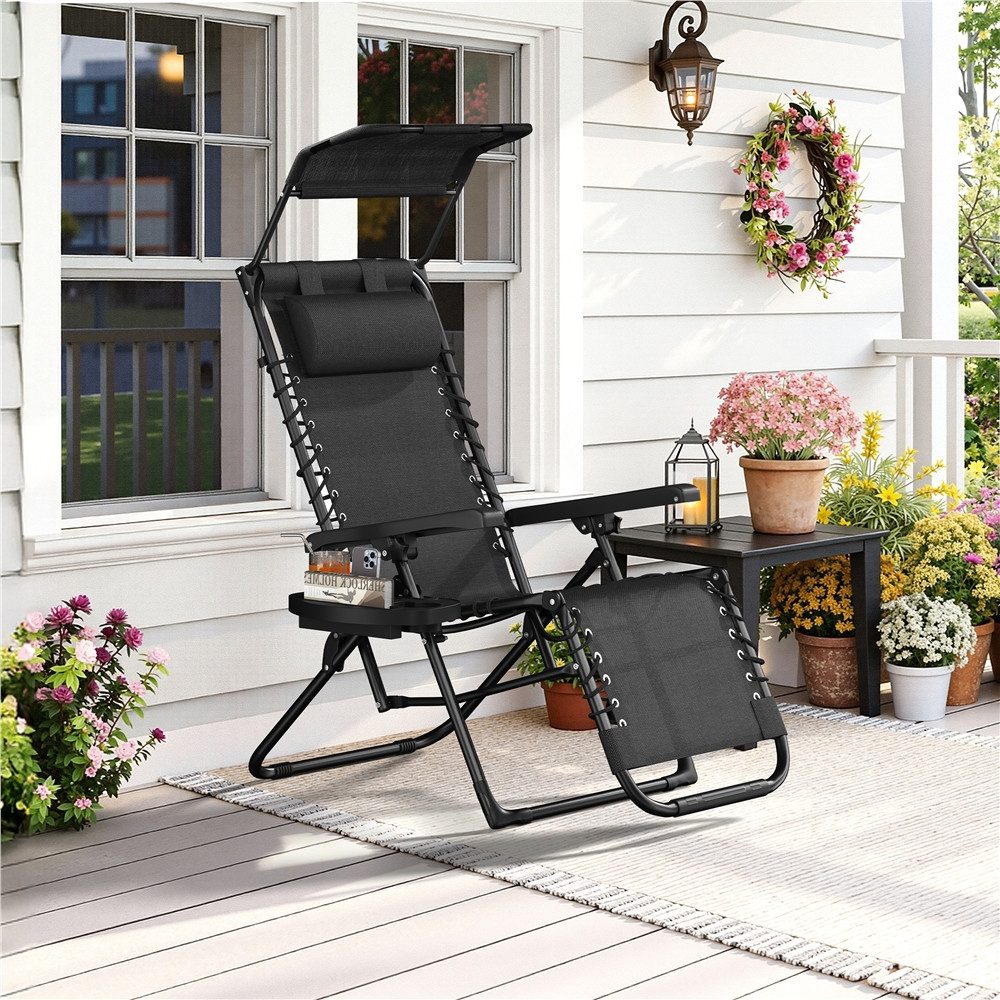 Yaheetech Gartenliege Zero-Gravity-Gartenstuhl Klappbar & Tragbar, Klappstuhl mit Kopfkissen & Becherhalter & Sonnendach