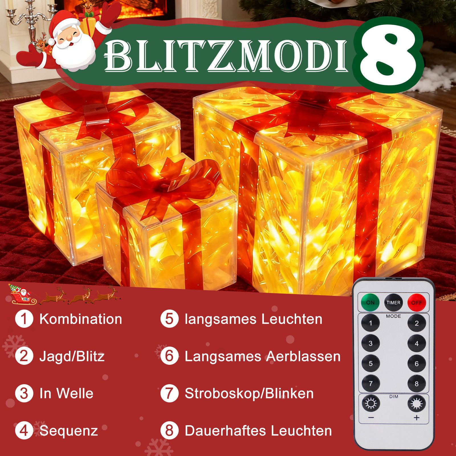 ZMH LED Dekolicht Weihnachtsfigur 3 Set Geschenkbox, Leuchtfiguren für Weihnachtsdeko, Augenschutz, Einfache Installtion, LED fest integriert, 3000K, mit Fernbedienung Innen Weihnachtsbeleuchtung 50 LEDs Batterie