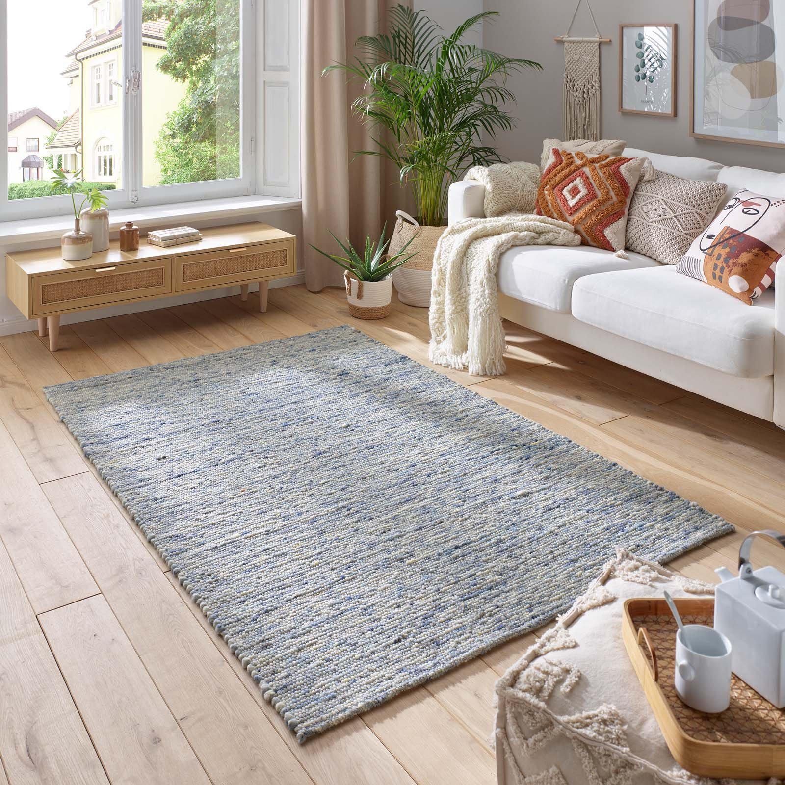 TaraCarpet Wollteppich TaraCarpet Limburg handgewebter Schurwollteppich aus gewalkter Wolle, rechteckig, Höhe: 8 mm, Handgewebt Teppich blau meliert Wohnzimmer Schlafzimmer 070x130 cm