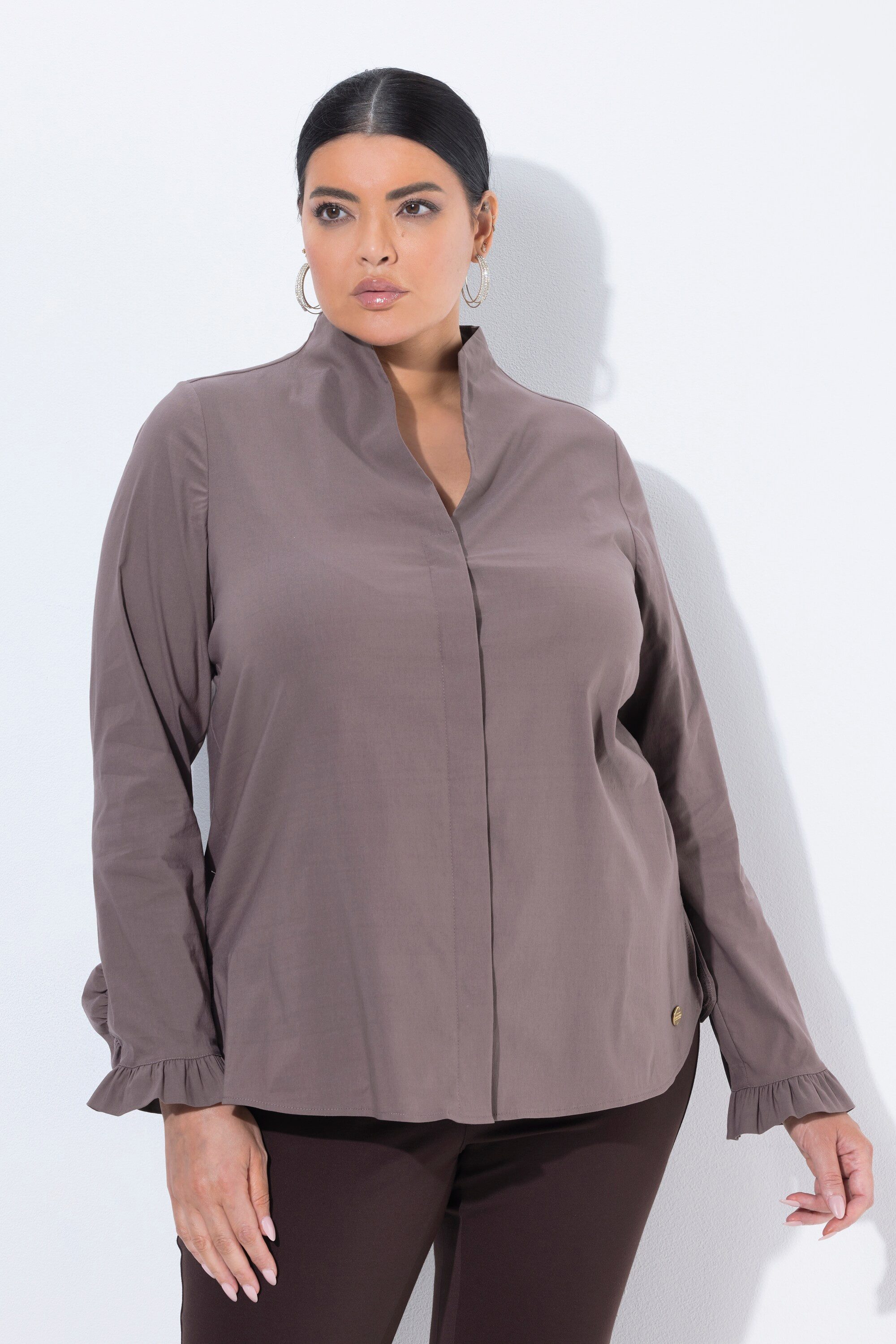 Ulla Popken Satinbluse Bluse Kelchkragen Langarm Rüschen-Manschetten