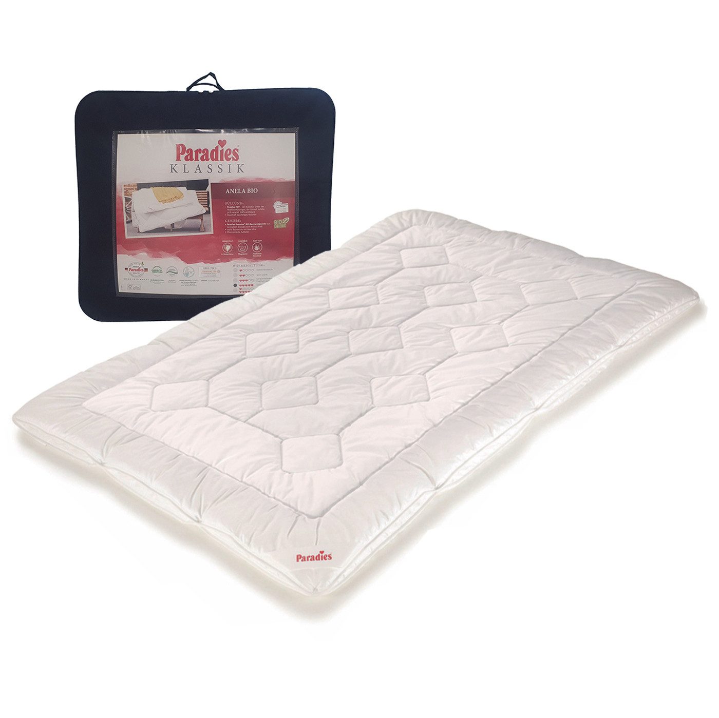 Paradies 4-Jahreszeitenbett Paradies Anela Varietta extra warme 4-Jahreszeiten Bettdecke 135x200, Füllung: Paradies Fill Fasertechnologie für dauerhaft bauschiges Volumen, 100% Polyester, Bezug: 100% Bio-Baumwolle, veredelt mit Aloe Vera, Klimaneutrale Herstellung