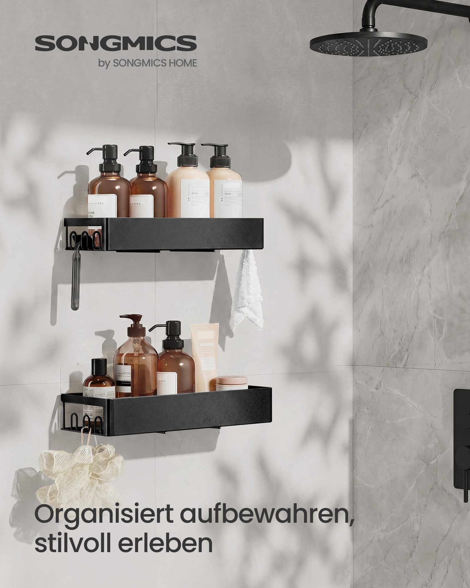 SONGMICS Duschablage Duschregal, ohne Bohren, rostfrei, aus Stahl, Shampoo Halterung, Badezimmer Organizer, 31,5 x 12,5 x 5 cm, 2er Set