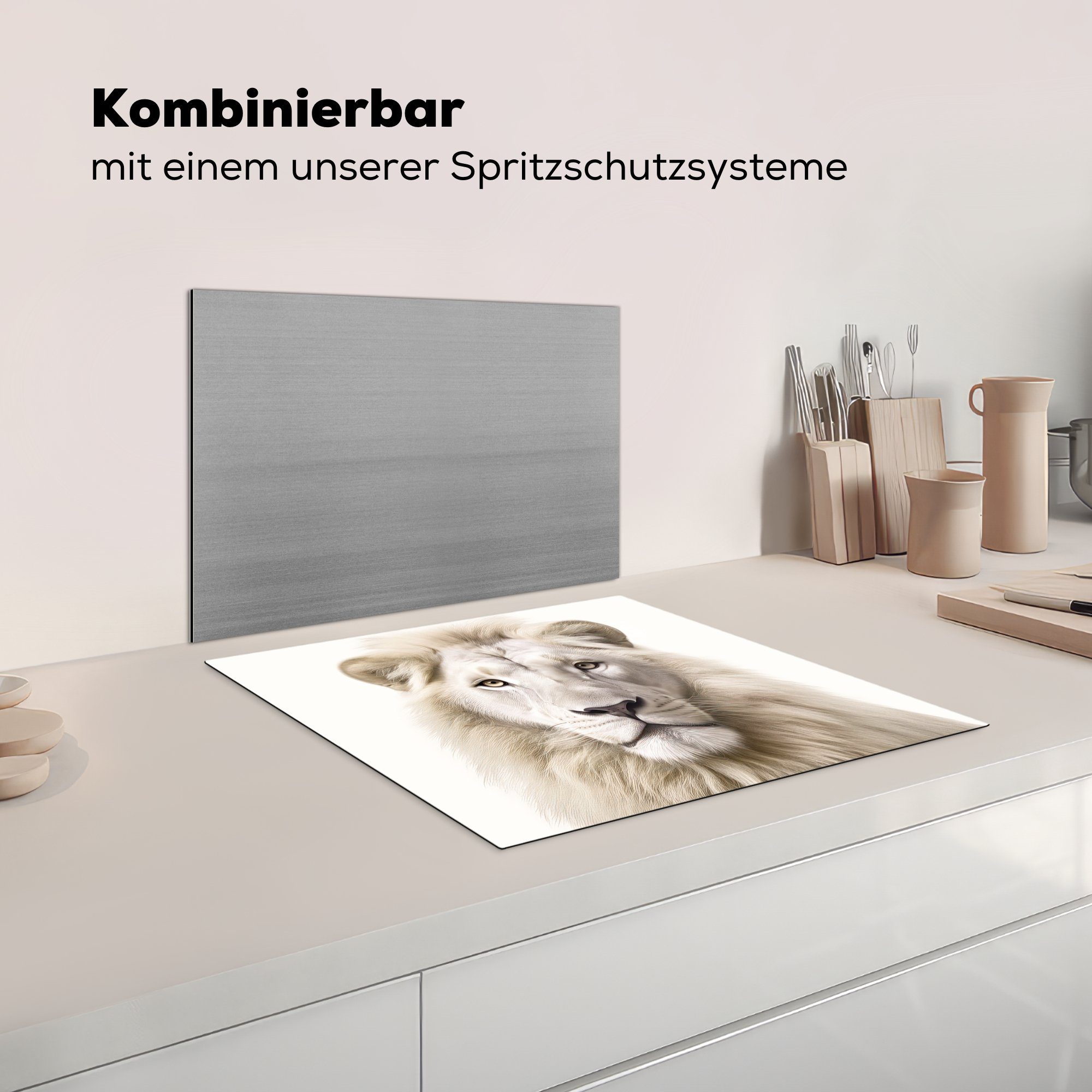 Weiß Porträt, cm, tlg), - Tiere Vinyl, - (1 Mobile Löwe Ceranfeldabdeckung - Arbeitsfläche Herdblende-/Abdeckplatte nutzbar, MuchoWow 60x52