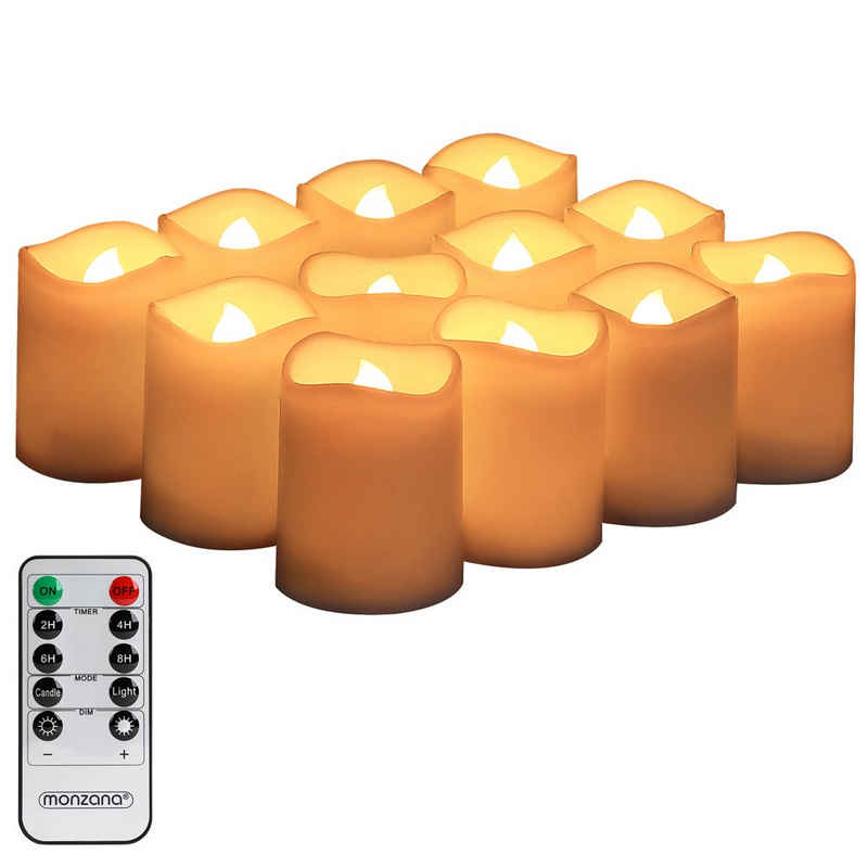 monzana LED-Kerze, 12 LED mit 2/ 4/ 6/ 8 Std. Timer Fernbedienung 4-fach Dimmbar Flackernd Batteriebetrieben Indoor Deko Teelichter Kerzen Flammenlos Weiß