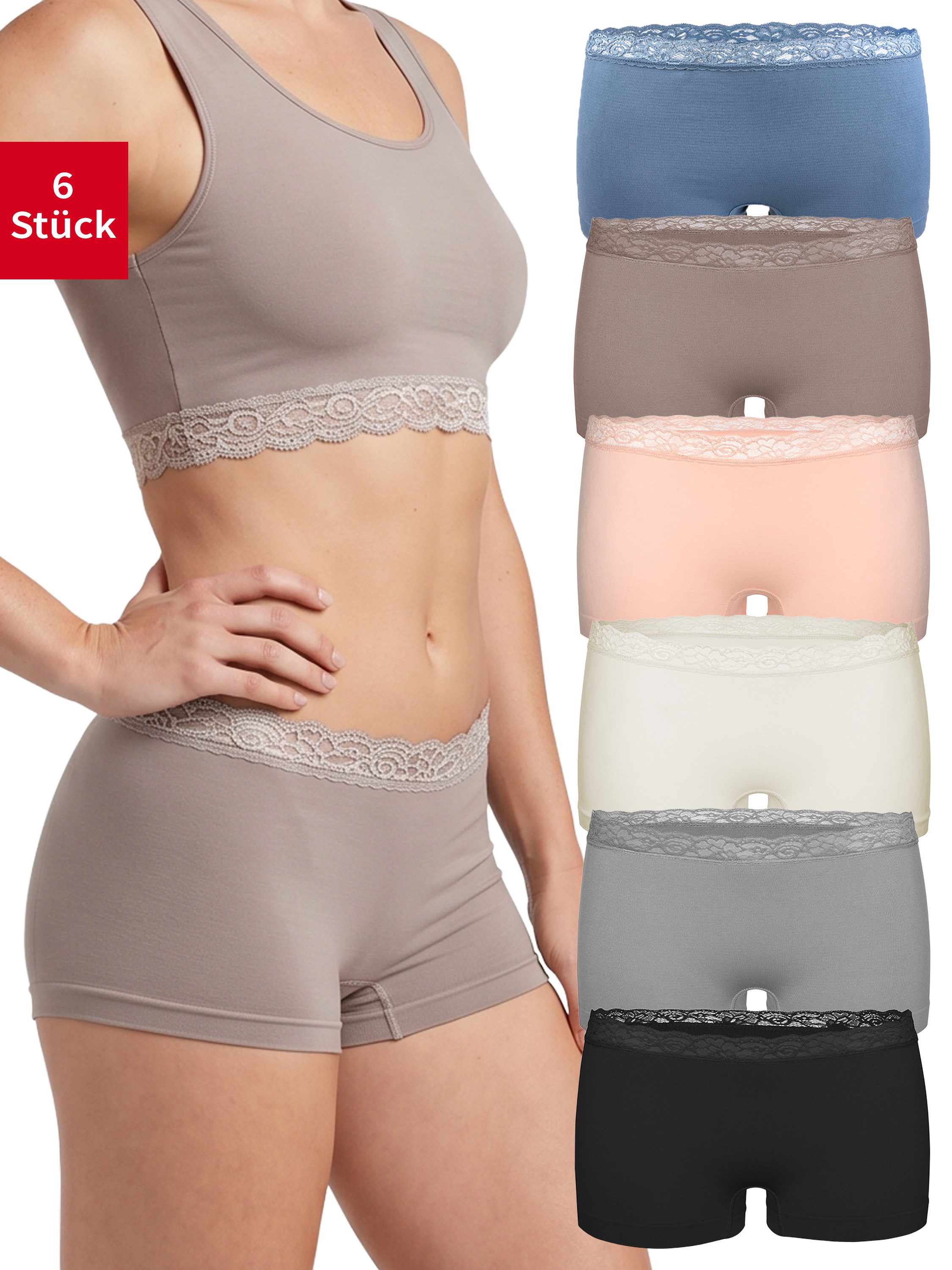 Fabio Farini Boxershorts Damen Unterhosen - Microfaser Frauen Boxer Slip (Packung, 6-St) mit dezenter Spitze am Bund