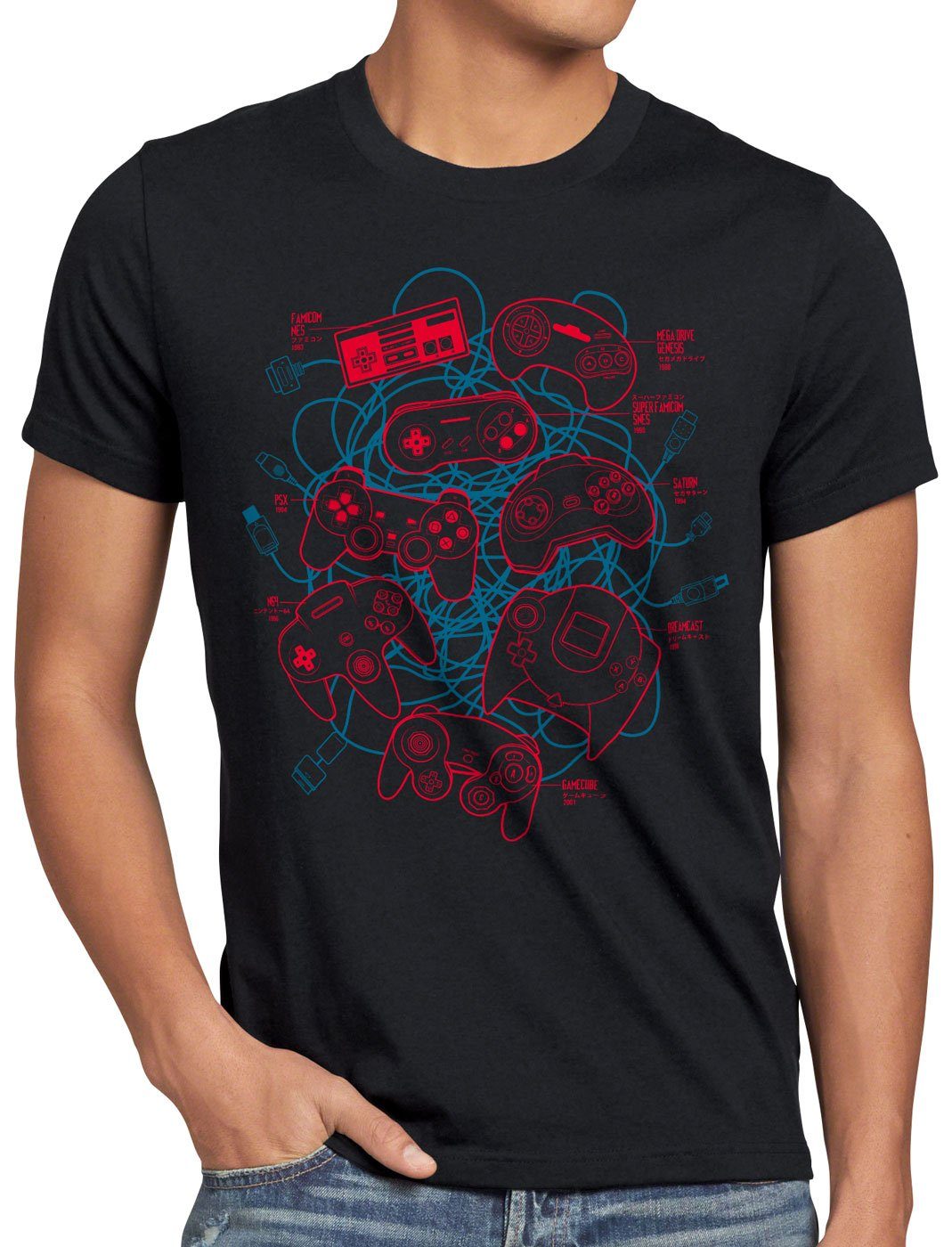 style3 Print-Shirt Herren T-Shirt Controller Kabelsalat classic retro gamer