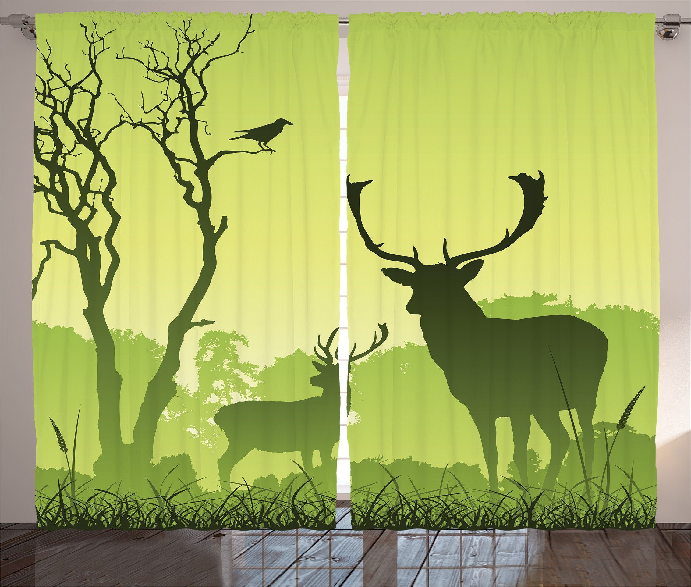 Gardine Schlafzimmer Kräuselband Vorhang mit Schlaufen und Haken, Abakuhaus, Grün Deer Bäume und Krähen Vogel