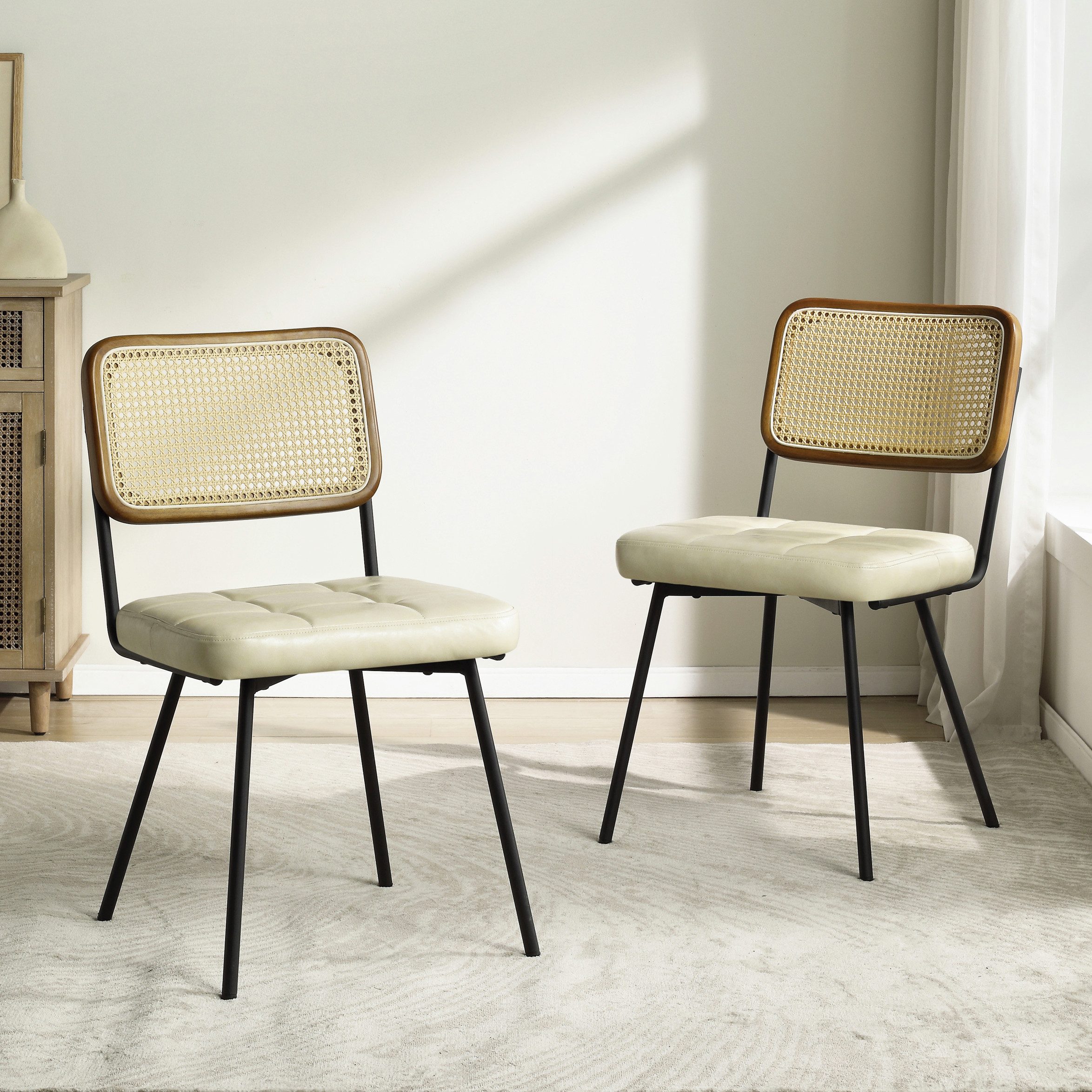 Art Leon Esszimmerstuhl CC061-New (Rattan Stühle Esszimmerstühle 2er Set Mid Century Moderne Farbe in Grün/Beige/Gelbbraun, 2 St), Rattan Cane Küchenstuhl mit schwarzen pulverbeschichteten Metallbeinen