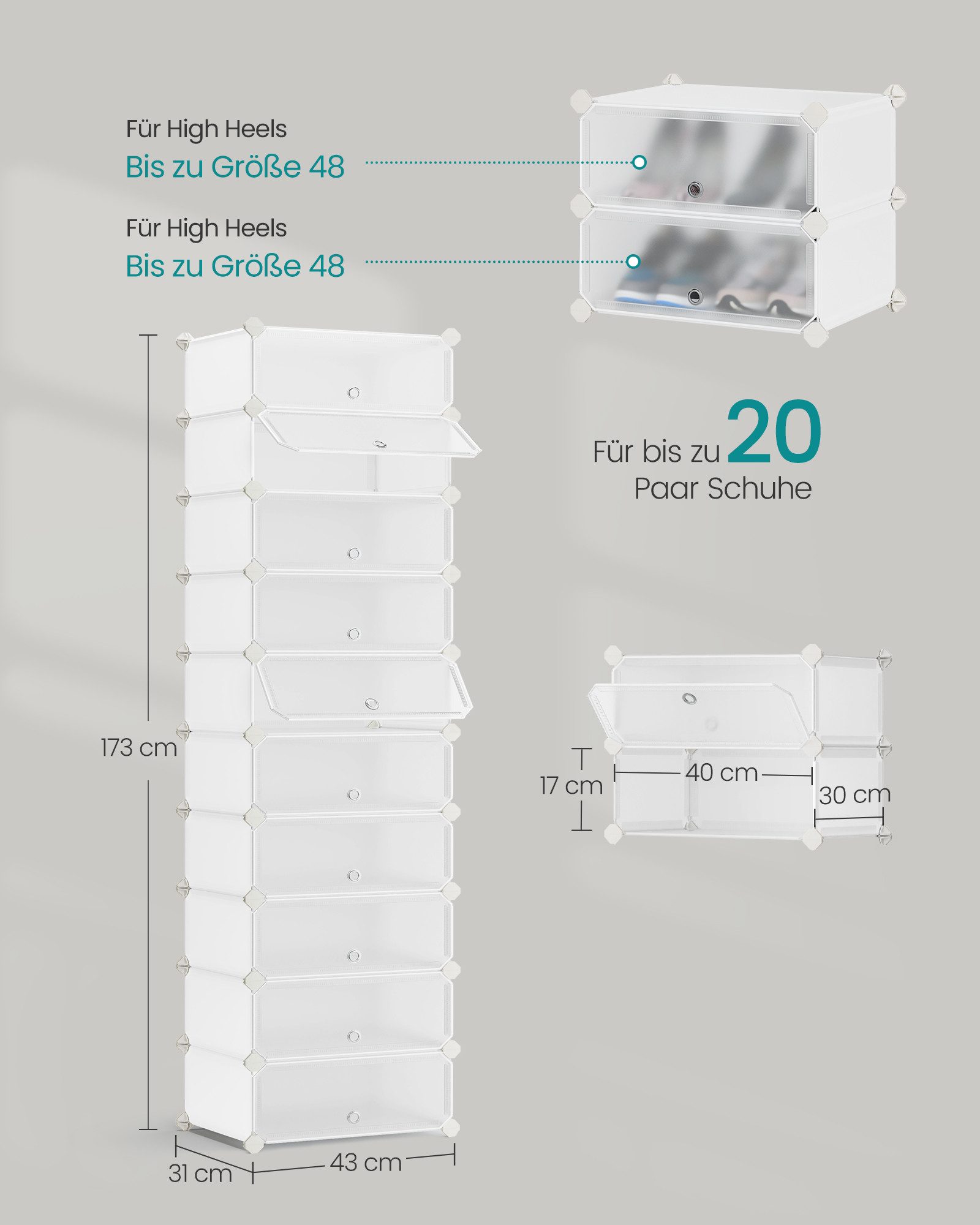 SONGMICS Schuhregal Steckregal, Regalsystem, Schuh-Organizer, 10 Ebenen, 43 x 31 x 173 cm, mit Tür, PP-Kunststoff, mit Gummihammer, Umkippschutz, transparent