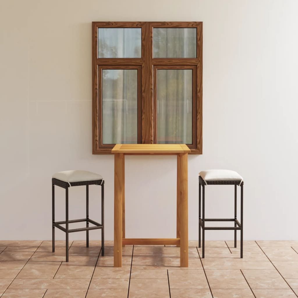 furnicato Gartenbar-Set Echtholz Tisch 70x70x104 cm Braun Barhocker 38x38x76 cm, (1-tlg), Wetterbeständige Sitzgruppe mit waschbaren Kissen und Stahlgestell