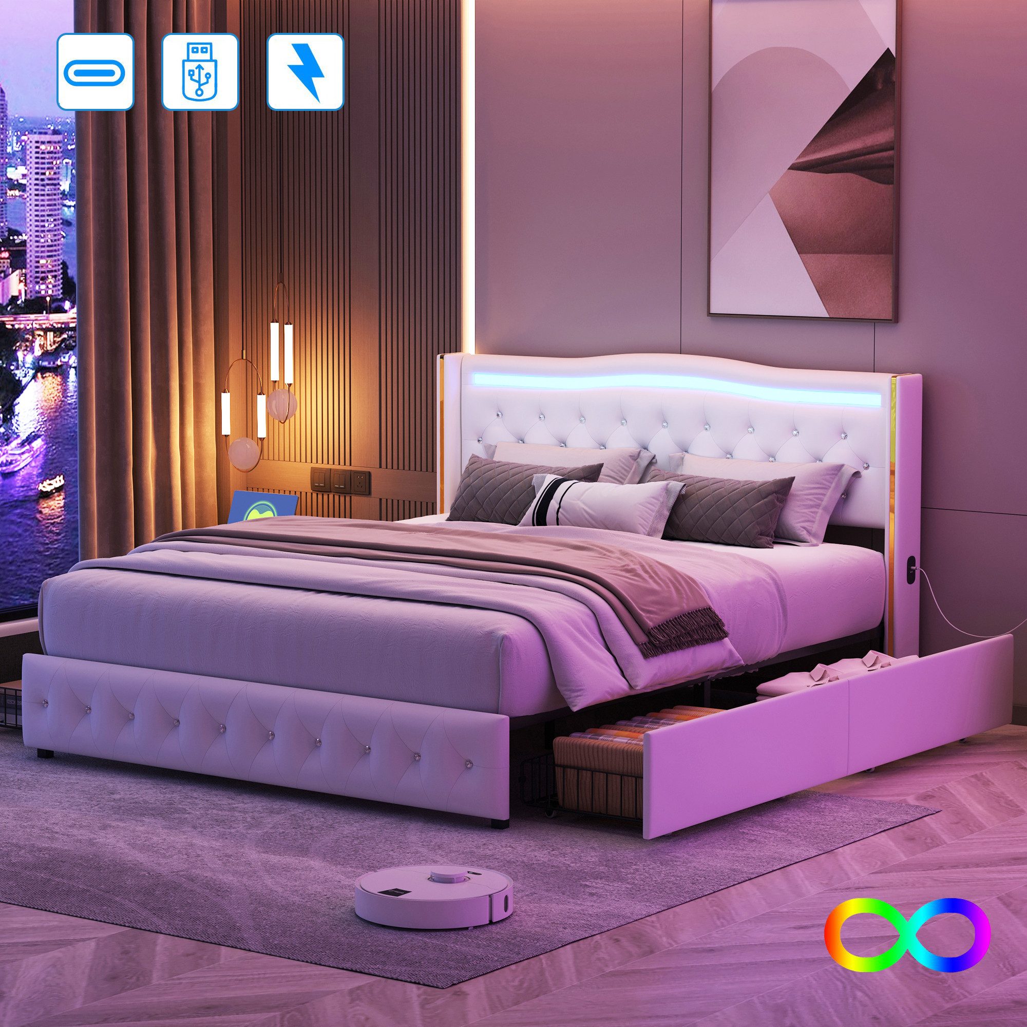 Furnishings Home Polsterbett Doppelbett Stauraumbett USB + Ladefunktion (Mu günstig online kaufen