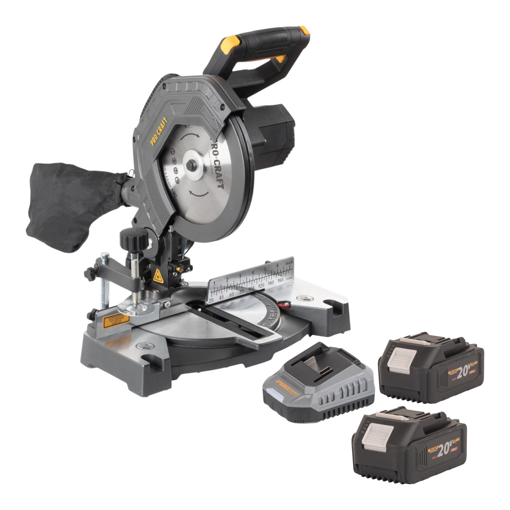 PRO CRAFT Akku-Kapp-Gehrungssäge PGS20bb 20 V 210 mm Brushless + 2x Akku 4,0 Ah + Ladegerät