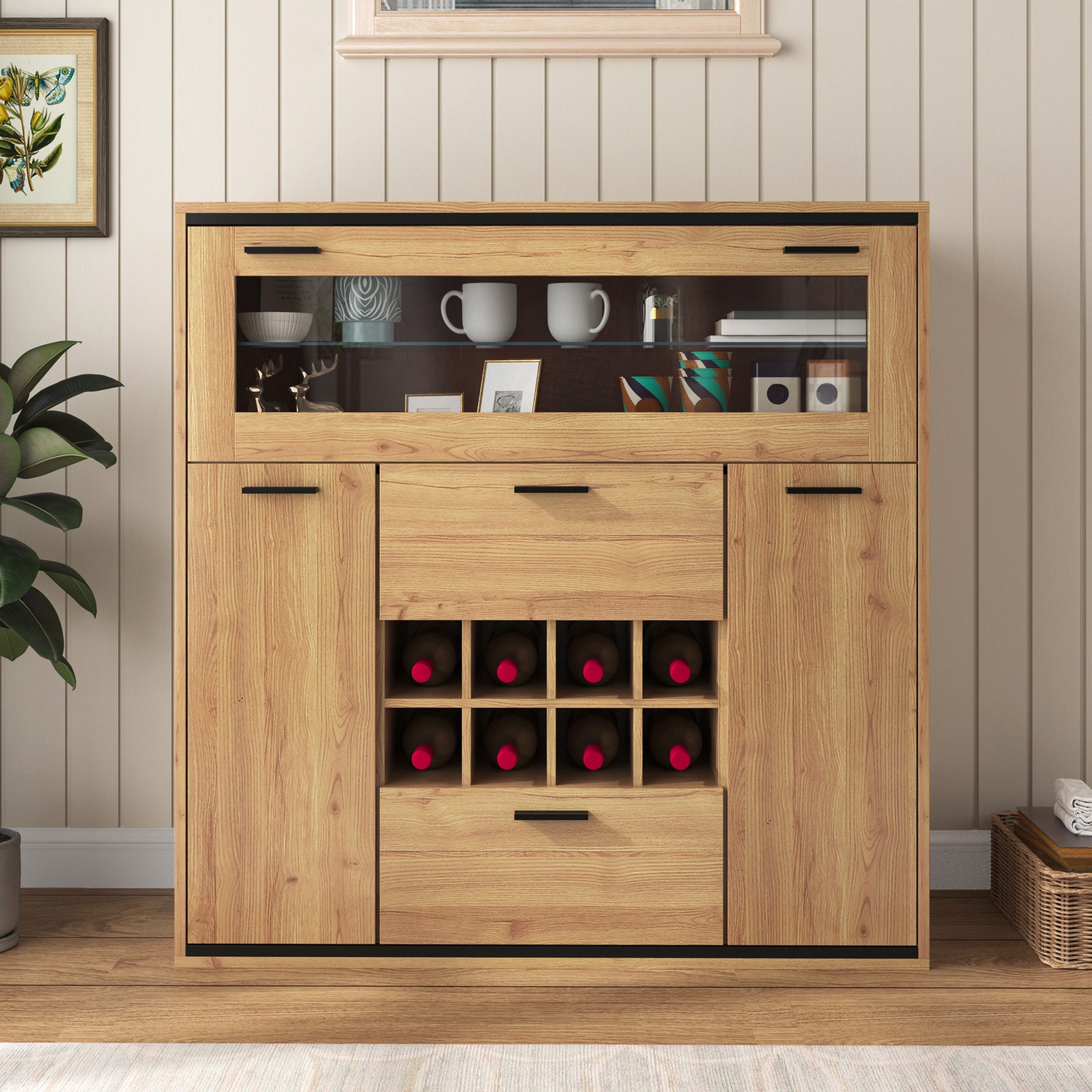 Merax Sideboard mit LED-Beleuchtung in Wildeiche-Optik, großer Stauraum, abnehmbare Weinhalterung und Einlegeböden,Weinschrank
