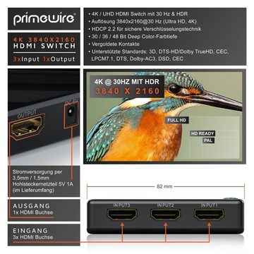 Primewire Audio / Video Matrix-Switch, 3-Port UHD HDMI Switch / Verteiler mit Fernbedienung, 4K, 3D, CEC, ARC