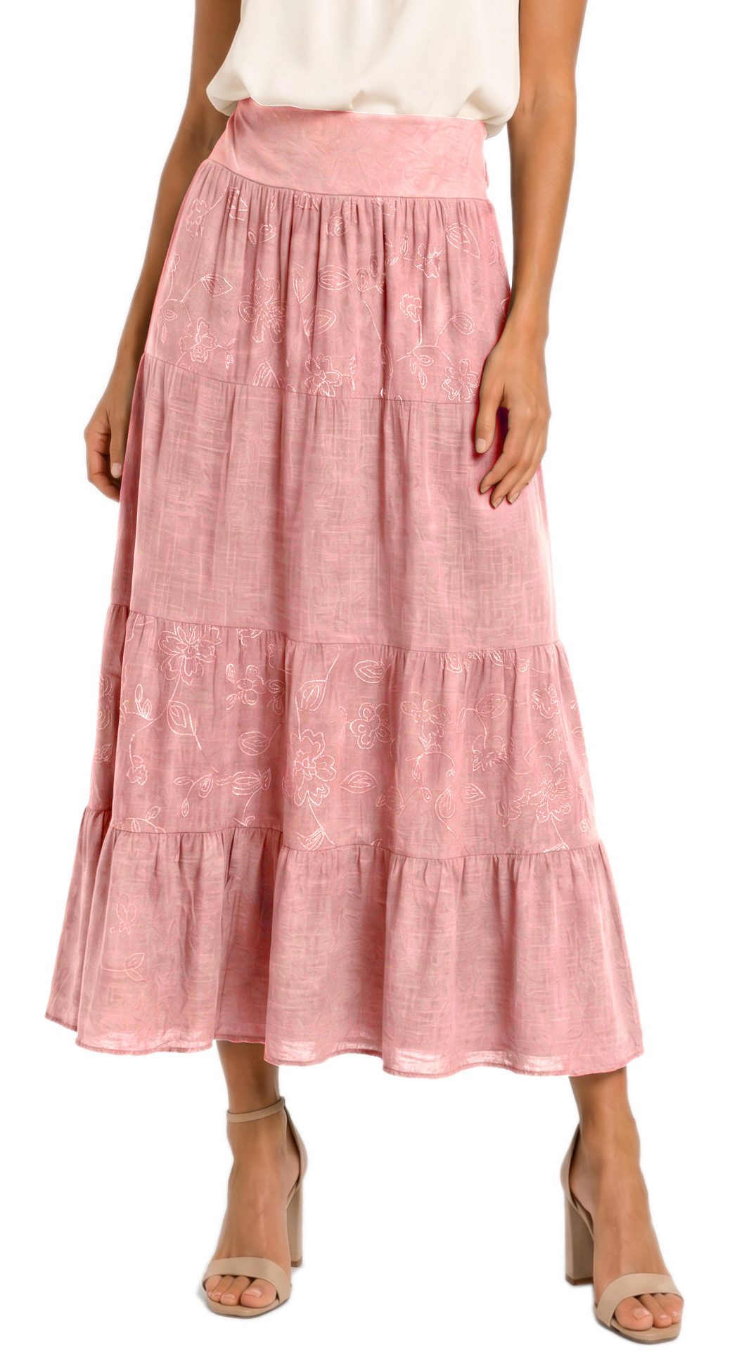 dy_mode Maxirock Damen Maxirock Luftiger Stufenrock Langer Baumwollrock Sommerrock in Unifarbe, mit Gummibund, Blumenstickerei