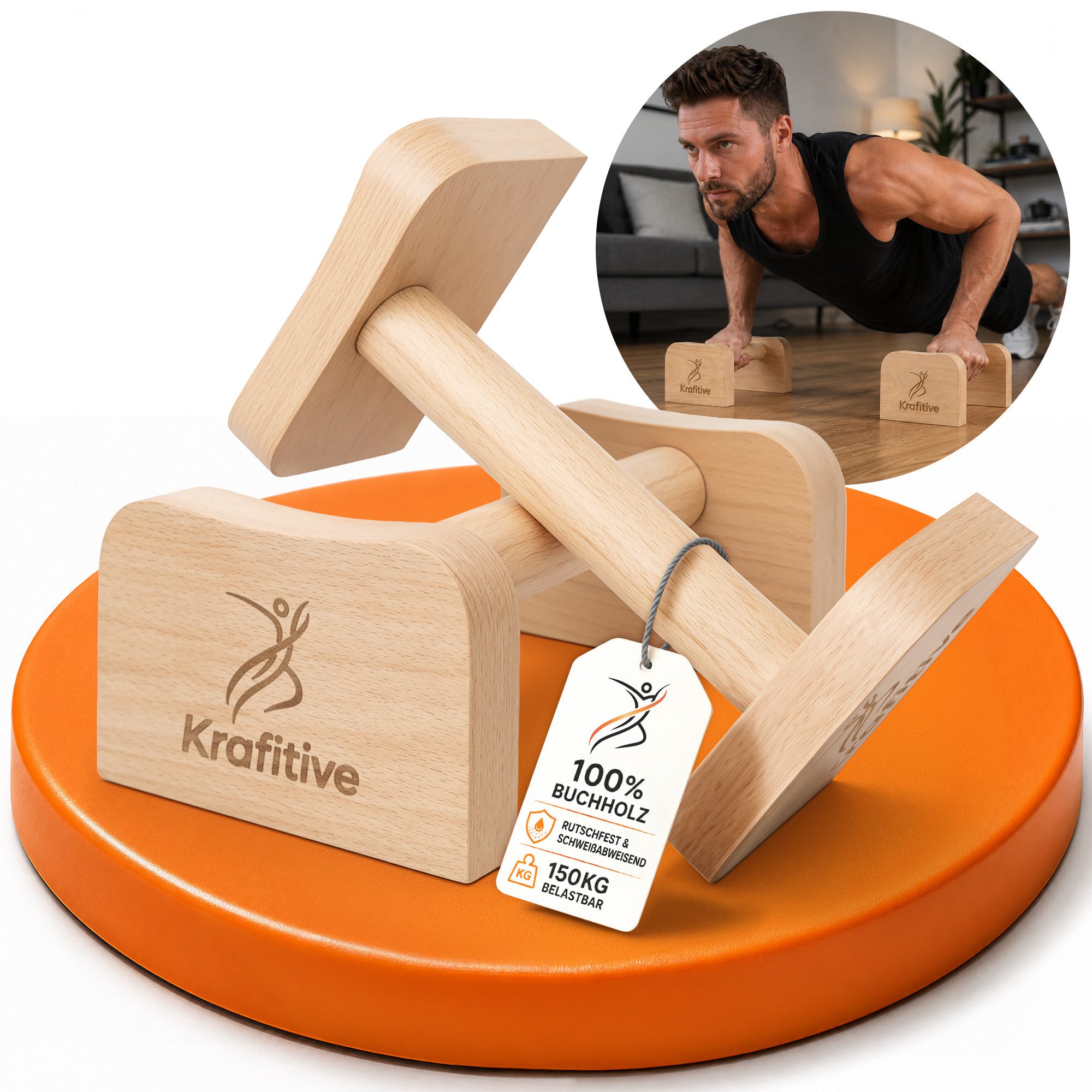 Krafitive Liegestützgriffe Parallettes aus Holz Push Up Bars Handstand Stützen (2-teilig), Massives Buchenholz, belastbar bis 150kg, ergonomisch & rutschfest.