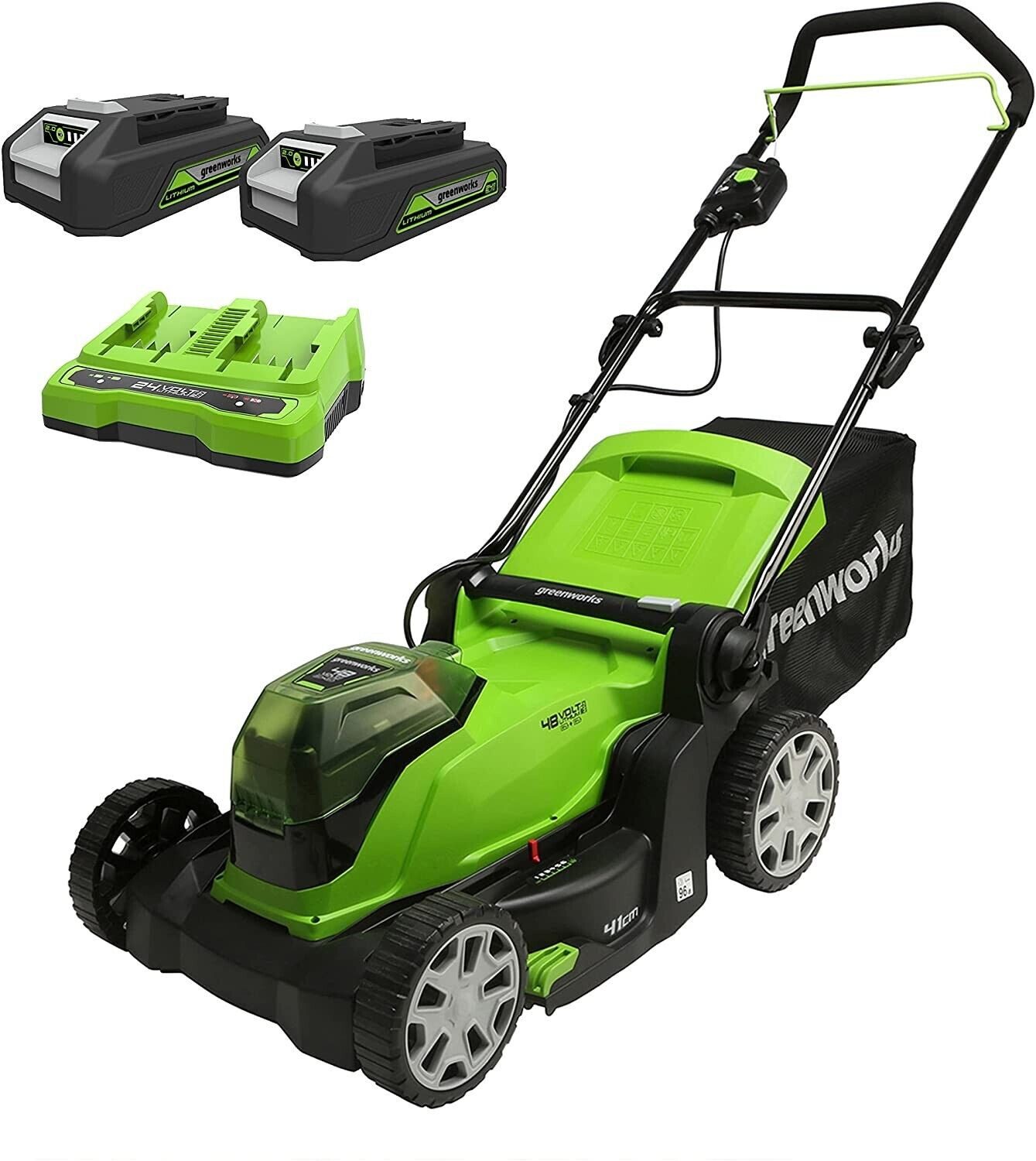 Greenworks Akkurasenmäher Greenworks Rasenmäher 48V 41cm G48LM41K2x mit 2x2Ah Akku