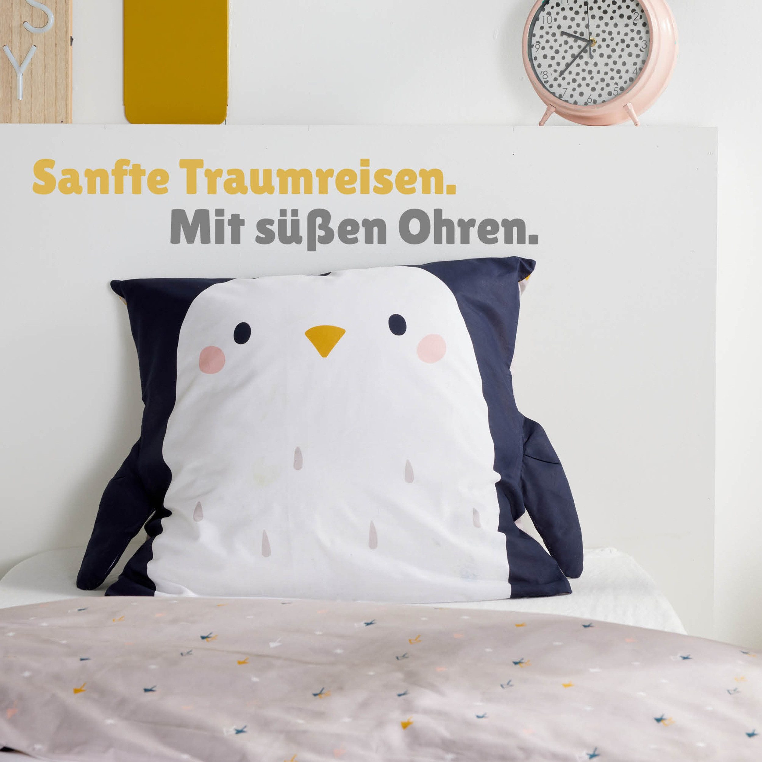 Familando Kinderbettwäsche Sweet Penguin 135x200 80x80 cm Bettwäsche Pinguin mit Flügel, Renforcé, 2 teilig, mit liebevollem Motiv & süßen Details für Mädchen und Jungen