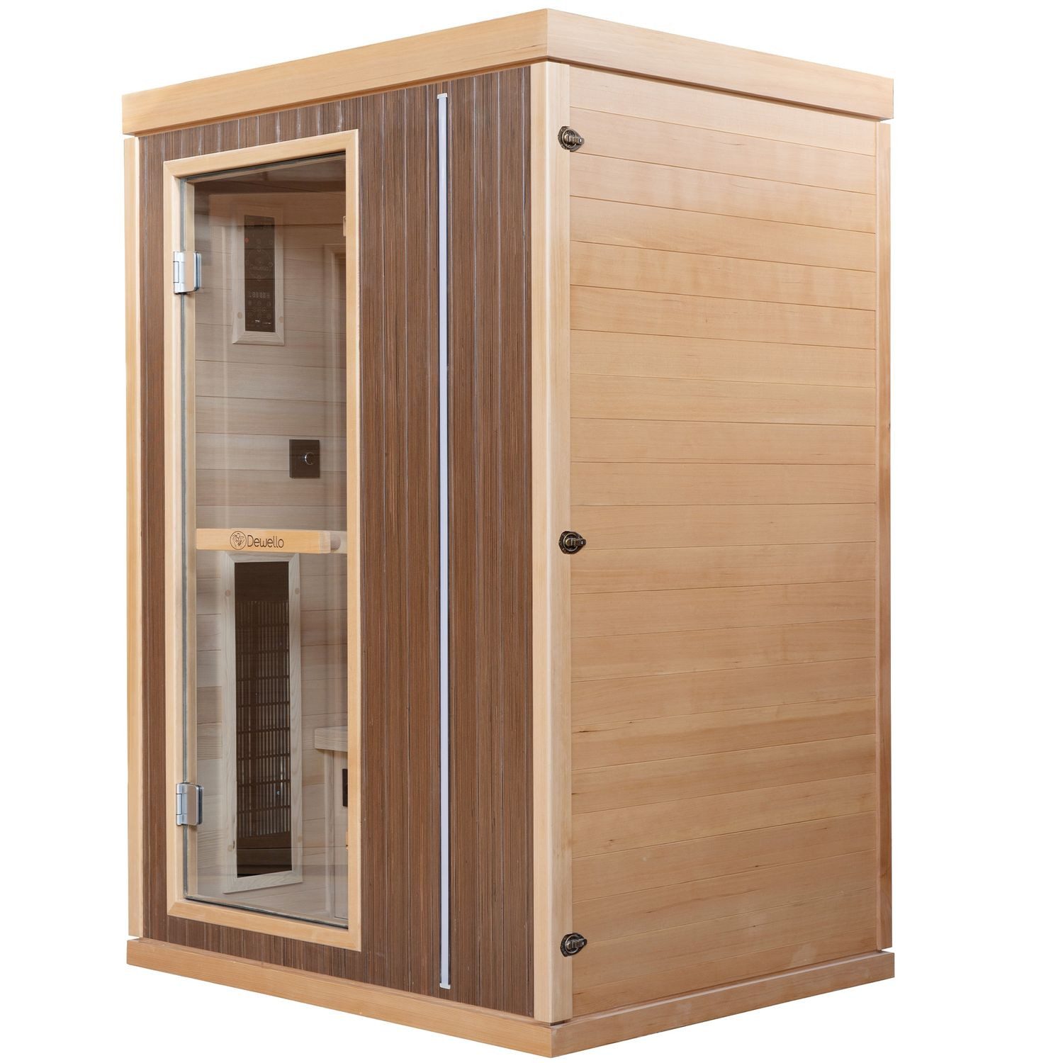 Dewello Infrarotkabine MELVILLE 130 Wärmekabine,für bis zu 2 Personen, 5 Vollspektrumstrahler, BxTxH: 105 x 105 x 190 cm, (LED-Farblichttherapie Ionisator mit Ozondesinfektion und Aromatherapie, inkl. Ionisator mit Ozondesinfektion und Aromatherapie, Bluetooth & FM) Walnuss-Front mit LED Streifen