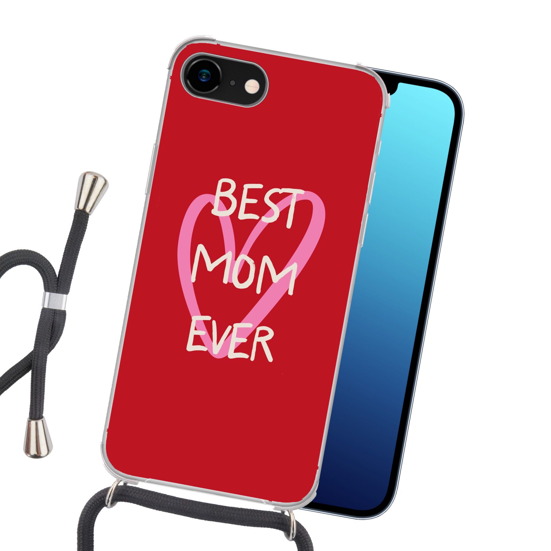 MuchoWow Handyhülle für Apple iPhone 7 Mutter - Zitat - Herz - Rot, Tragbare Handyhüllen mit Kette zum umhängen, Handykette Handyband