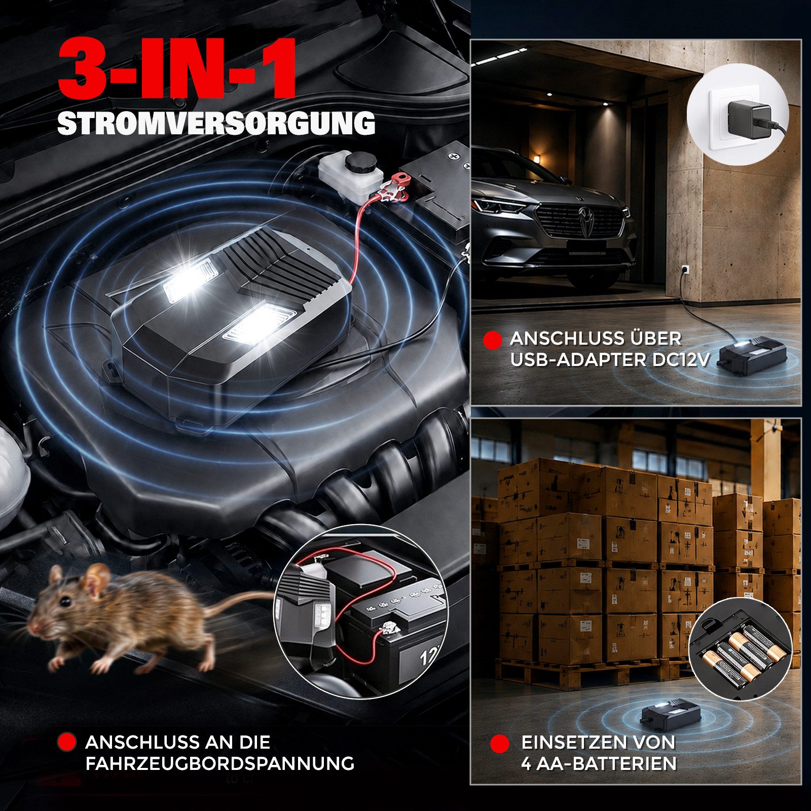 Quntis Ultraschall-Tierabwehr Ultraschall-Mäuseabwehrgerät & Marderschreck fürs Auto – bis 60 m², 1-tlg., Batteriebetrieben & hitzebeständig für Motorraum, Garage & Lagerhalle