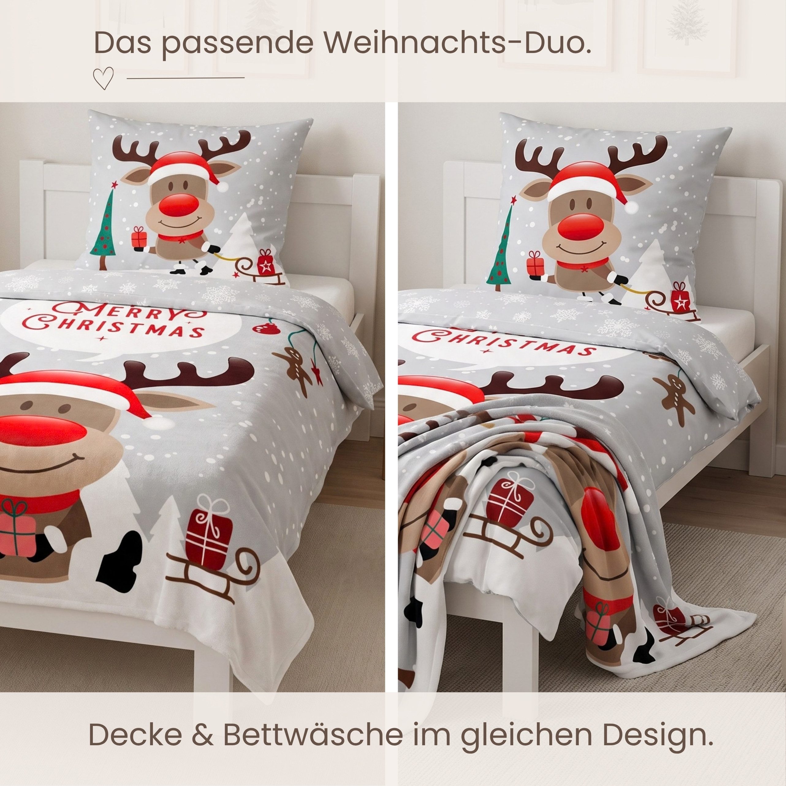MTOnlinehandel Bettwäsche Weihnachten "Rentier mit roter Nase" Merry Christmas Winter Bettwäsche, Renforcé, 2 teilig, 135x200 + 80x80 cm 2 tlg., 100 % Baumwolle – Bild 3 von 5
