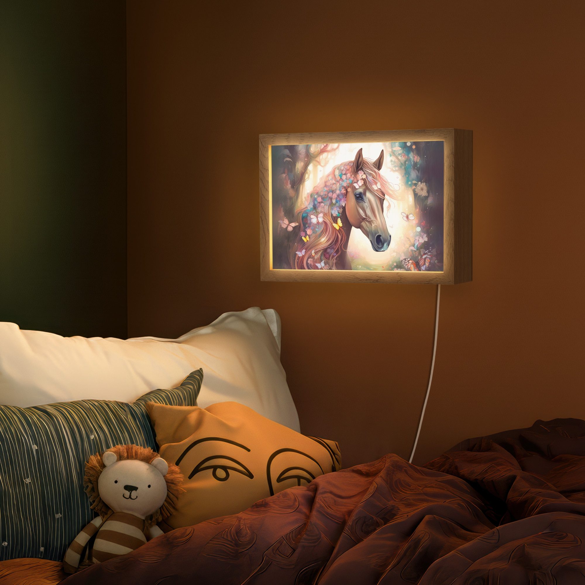 OnlyWow Wandleuchte Lightbox Pferd - Natur - Blumen - Schmetterlinge - Wald - Mädchen, Dimmbar, Farbwechsel, LED, Warmweiß, Kaltweiß, Neutralweiß Einstellbar, Wandlampe Innen, Dimmbar, mit Kabel, LED, Modern, Schlafzimmer